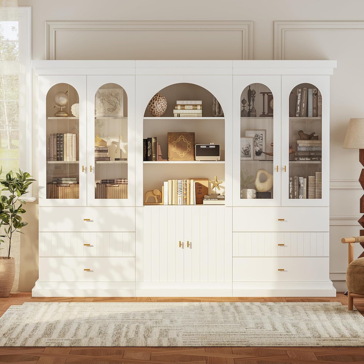 Vyre 71" Arched Kitchen Pantry Cabinet, Tall Display Modern Storage Combination for Dining Room or Living Room with Dual Glass Door and Open Shelf Cabinets, White with Gold Handles, 3 of Set