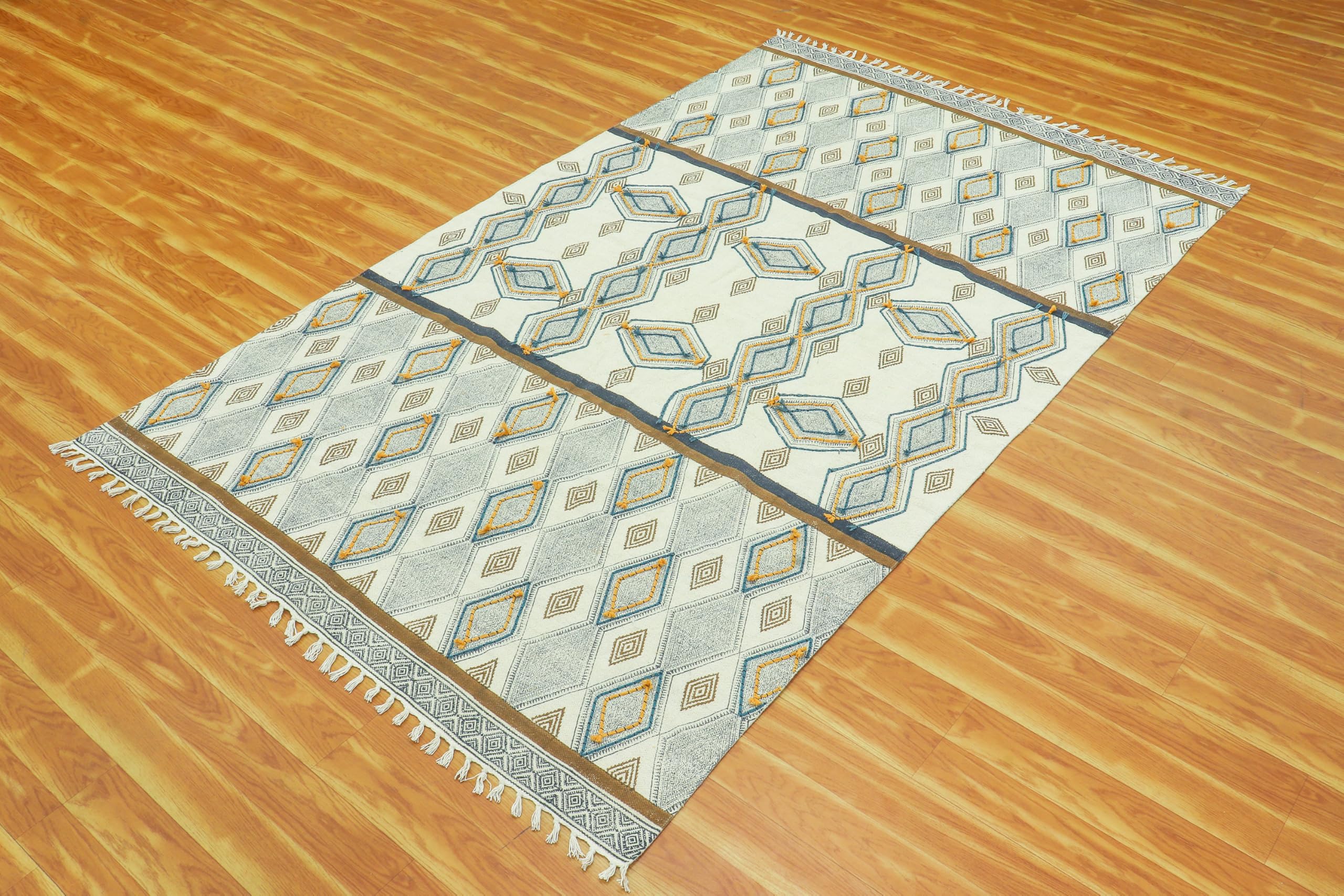 Kelim-Teppich, 3 m, quadratisch, matt, grau und beige, geometrisch, dick, 0,48 cm, Flachgewebe, handwaschbar, für drinnen und draußen, Baumwollteppiche für Flur, Esszimmer