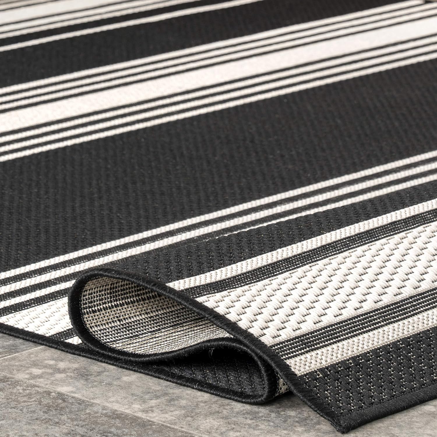 Rugs USA Romy Black/Ivory, 2' x 8', Striped, Soft and Cozy, High Traffic, Stain Resistant, Easy Clean, Durable Runner for Indoor/Outdoor Patio, Deck, Porch, Garden, Courtyard