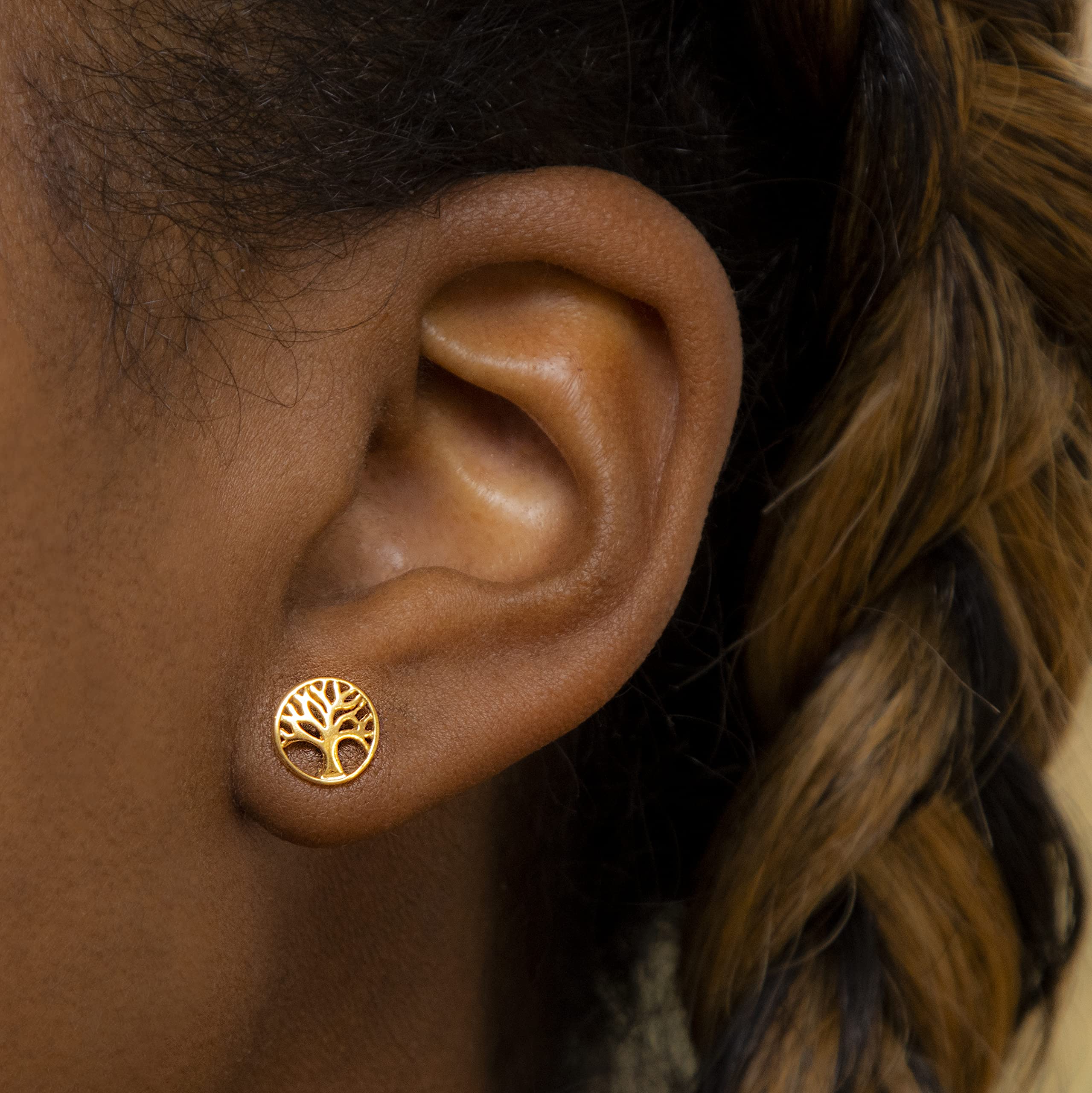 Tuscany Silver Pendientes de tuerca para mujer, plata de ley, chapados en oro amarillo, 8 mm, diseño de árbol de la vida, Plata de ley