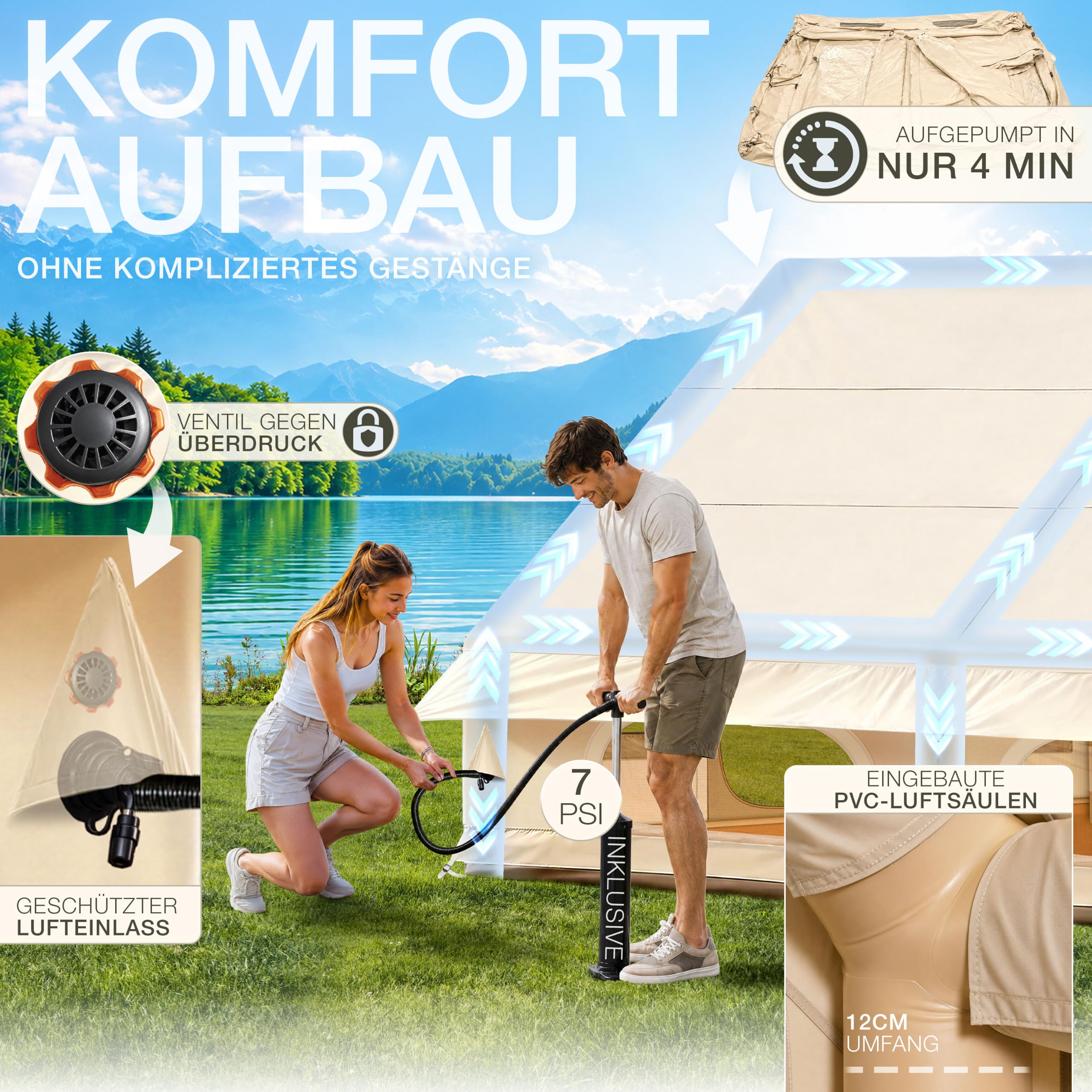 ELONEO aufblasbares Zelt für 2/4/6/8 Personen mit Dachfenster & Luftpumpe, Premium Glamping Zelt wasserdicht, Luftzelt, Inflatable Tent, Camping Zelt