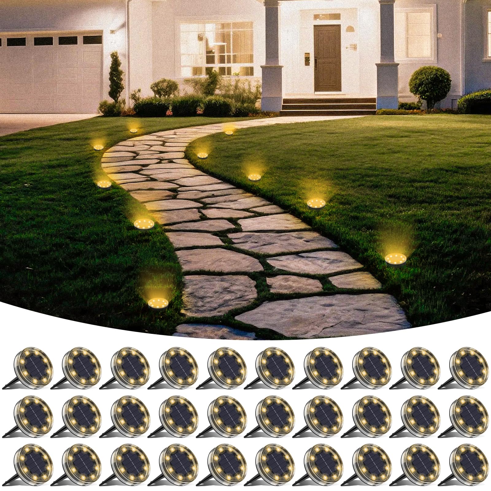 LOTMOS 6 Paquetes Luces Solares LED Exterior Jardin Suelo, 8 LED Impermeable Luz Solar Exterior Jardín, Lamparas Solares Suelo Camino, Terraza, Patio, Césped, Blanco Cálido — view 15