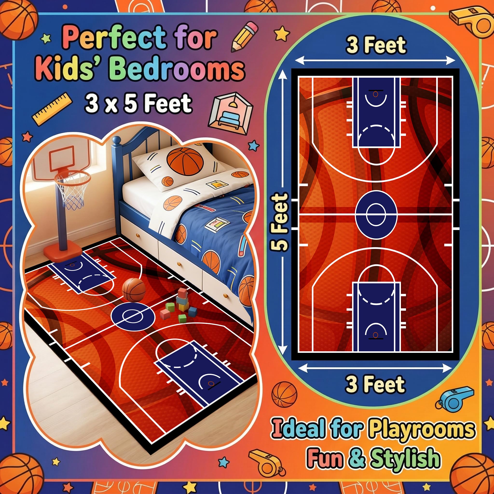 Condition photo showing New/Like New for basketball rug 3'×5' - basketball carpet for boys room print court sport area rug for living room floor mats room decor for boys,