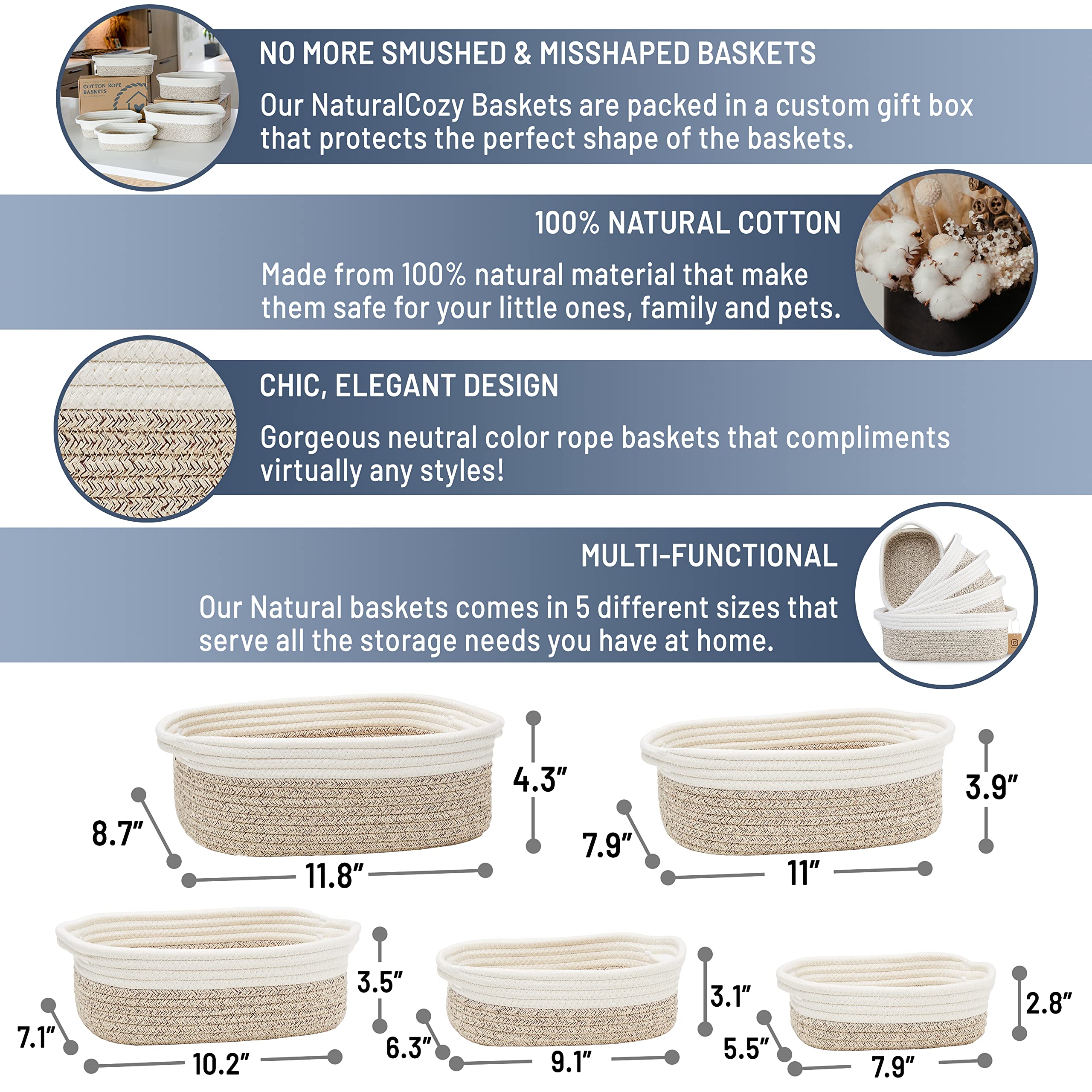 Amazon.co.jp: NaturalCozy 長方形収納バスケット5点セット 天然