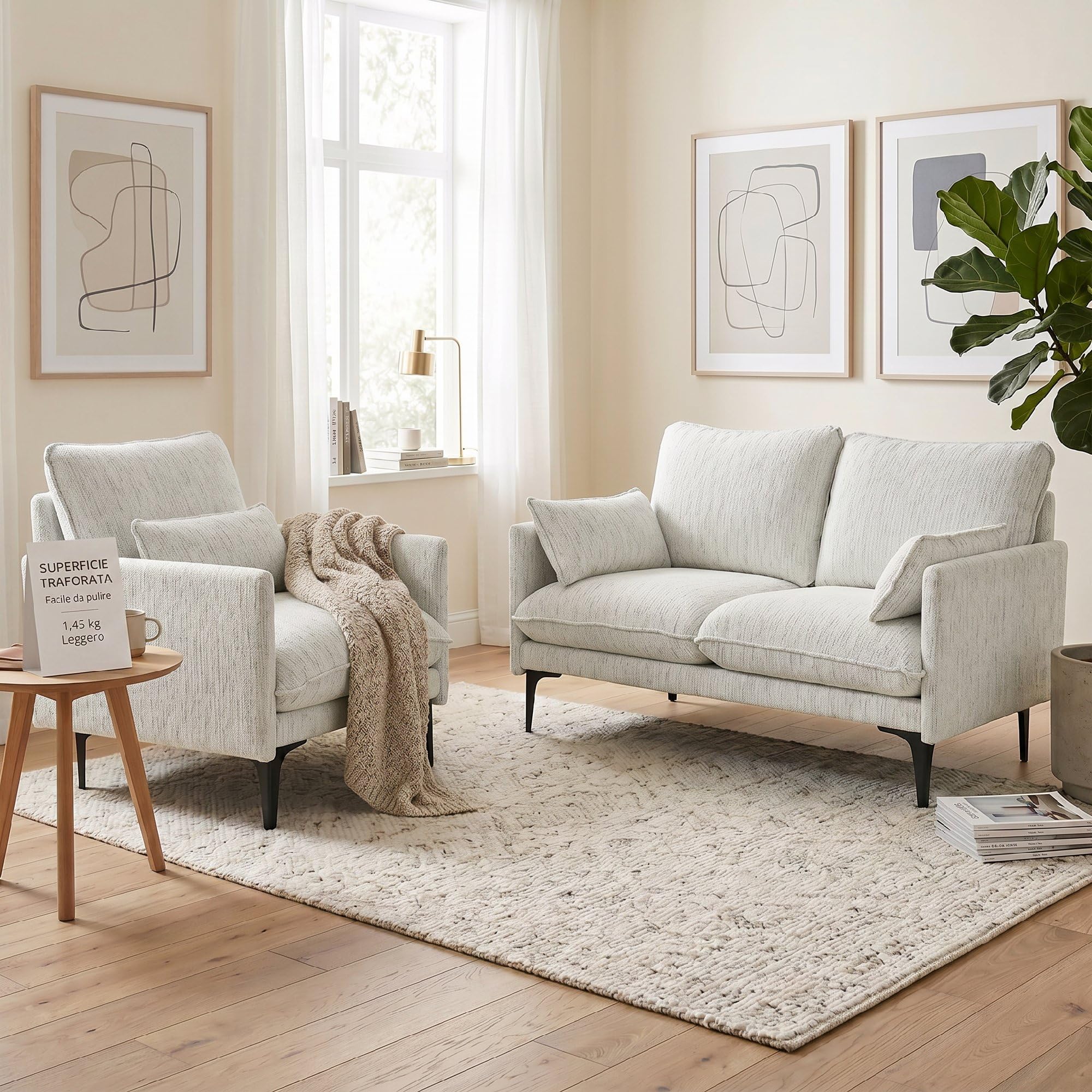 HOMCOM Divano 2 Posti Imbottito in Lino Traspirante con Filati Multicolore Delicati, Divanetto da Salotto con Imbottitura Spessa, Seduta Ampia Profonda, 2 Cuscini, Braccioli, 131x78x83 cm, Bianco