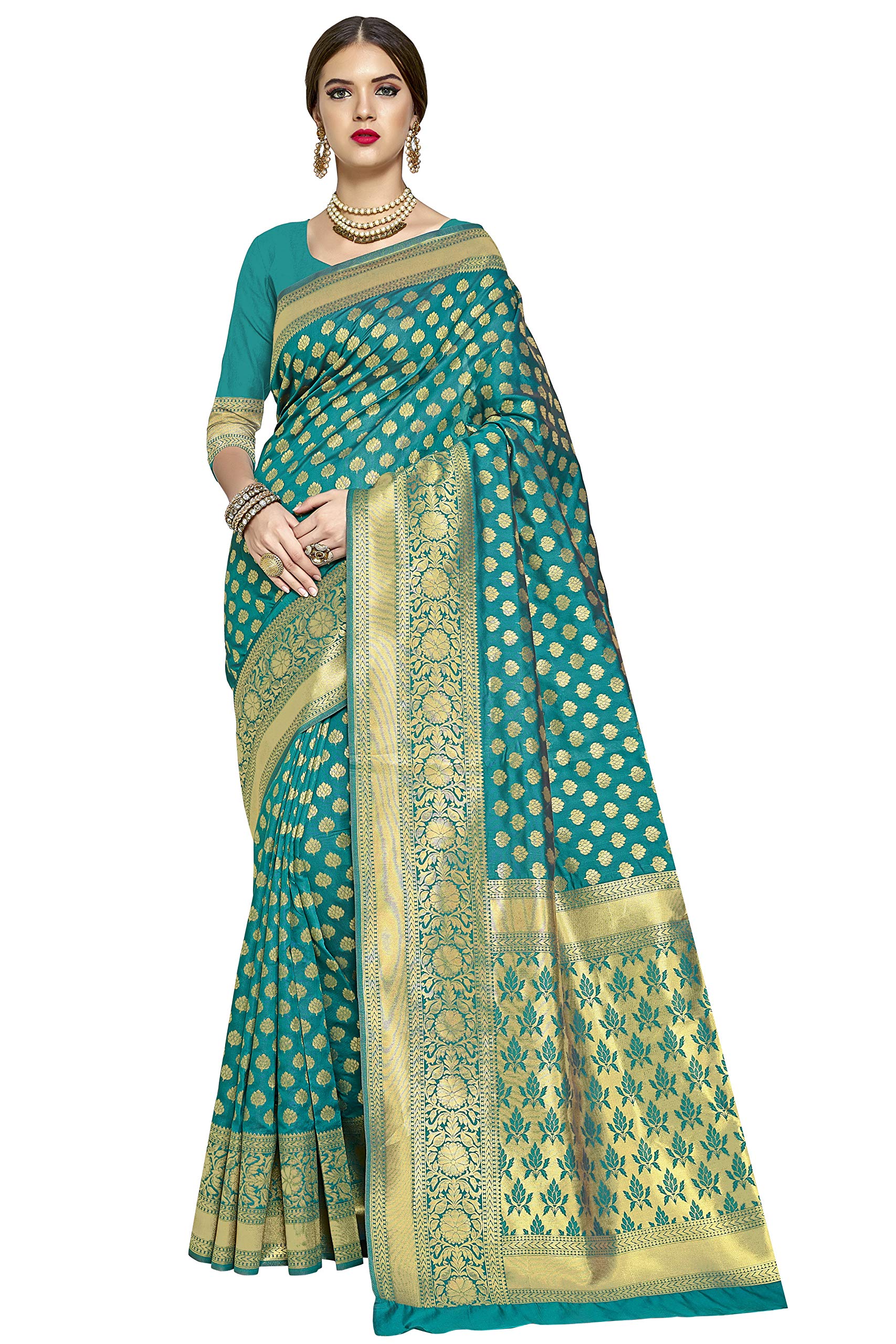 Women's Woven Pure Soft Kanjivaram Silk Saree Banarasi Style With Blouse Piece for Wedding, Teal Green, One size