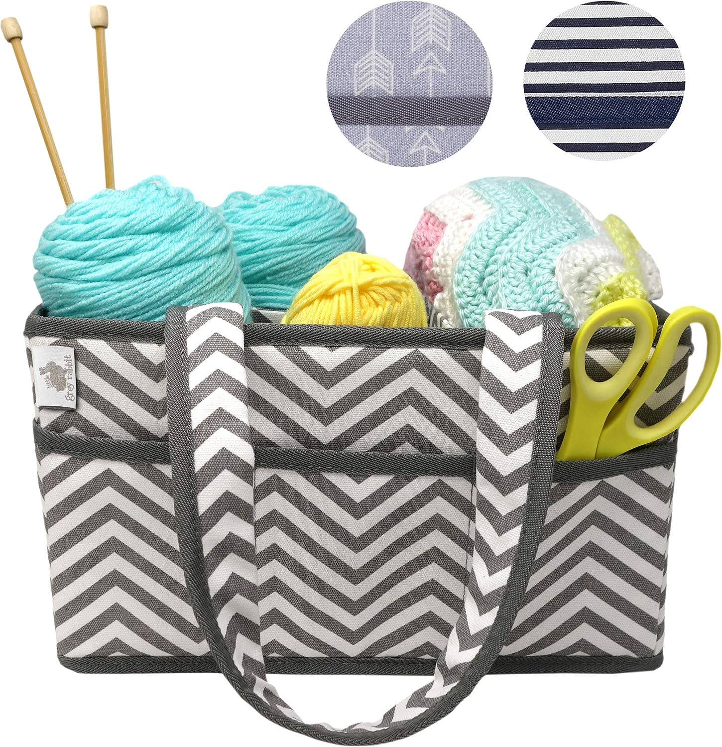 Craft Caddy Bundle, by Little Grey Rabbit, Large Design, Sturdy Construction, Grey Chevron, Bundled with Knitting Kit