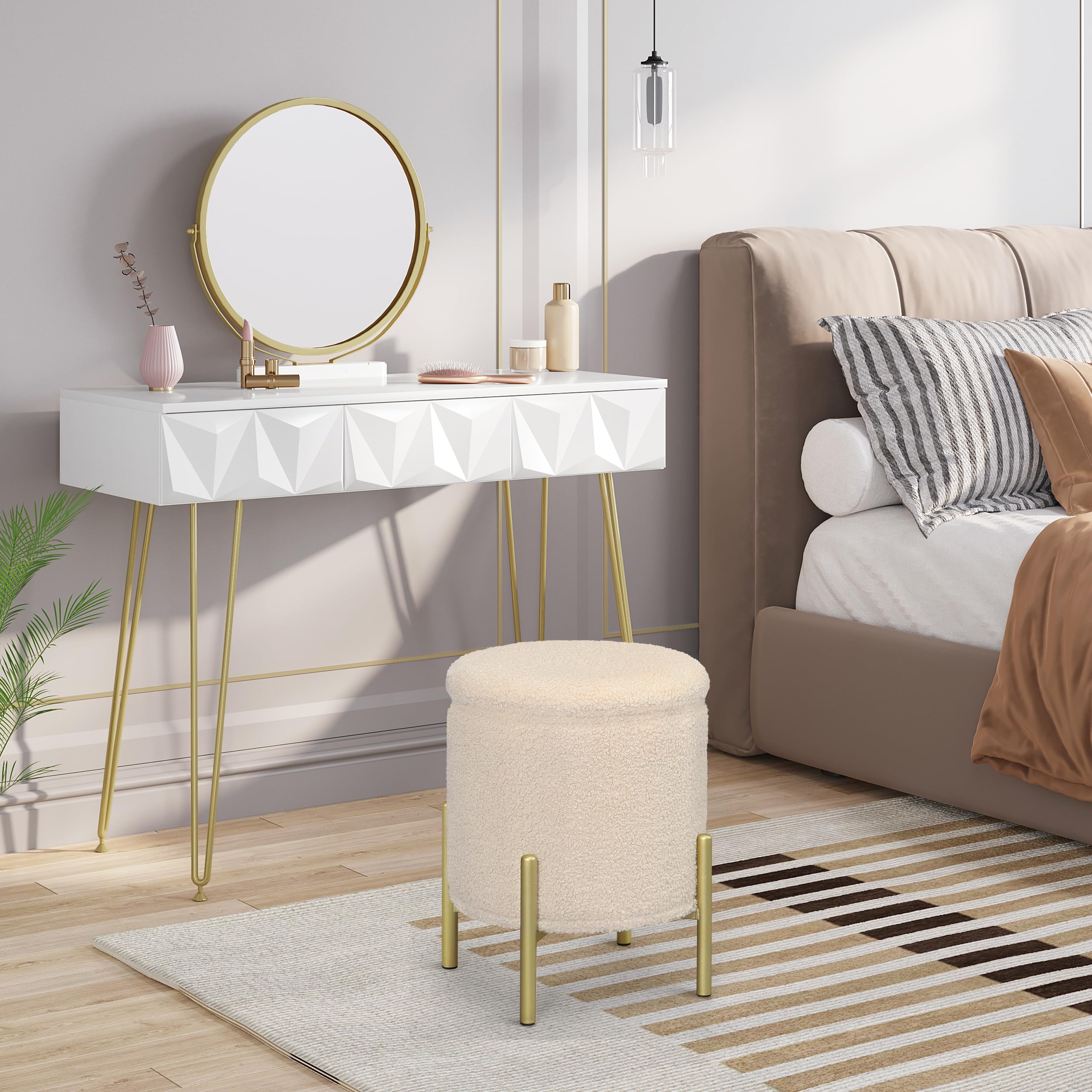 eSituro Taburete Almacenaje Redondo, 18L Baul Almacenaje Plegable con Asiento Tapizado en Felpa, Taburete Bajo con Almacenamieto, Reposapiés de Sofá y Cama, Patas de Metal, φ35x H41 cm, Beige