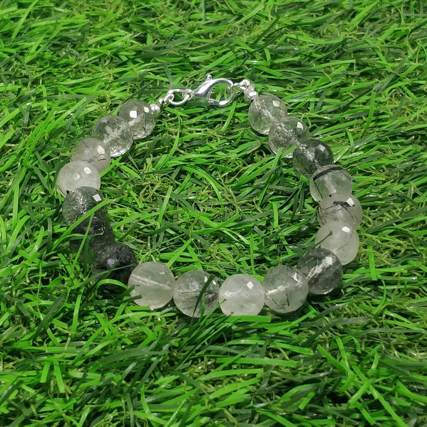 Natural black rutile gemstone 9x9 mm stacking bracelet | 7 inch | black & white color, round shape, faceted cut, stone | with silver plated clasp | handmade jewellry |WW_ESK_00110