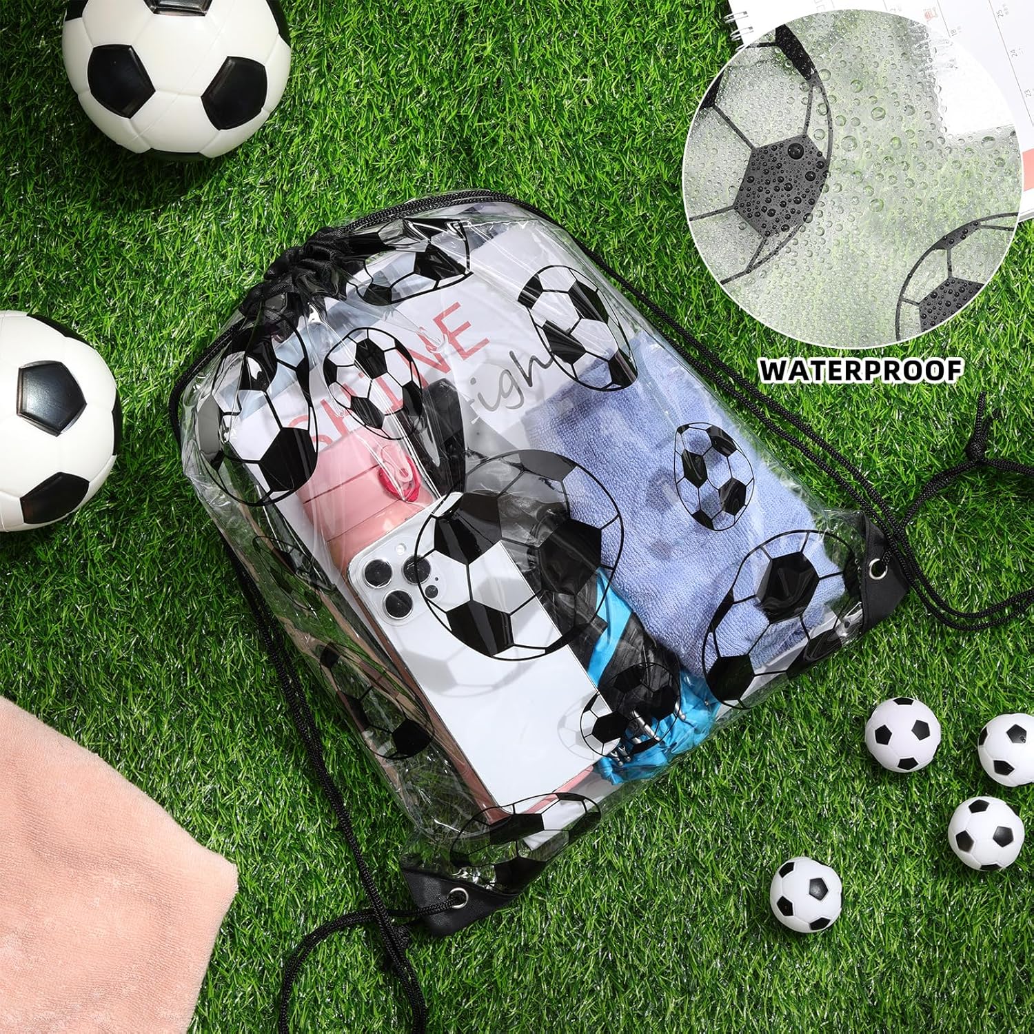 Cholemy 12 Pcs Clear Soccer Drawstring Bags Drawstring Backpack 17 x 13 Inch Soccer Gift Bags Goodie Bags Party Favor Bags Waterproof Plastic Sports Gym Bags for Soccer Sports Events Stadium