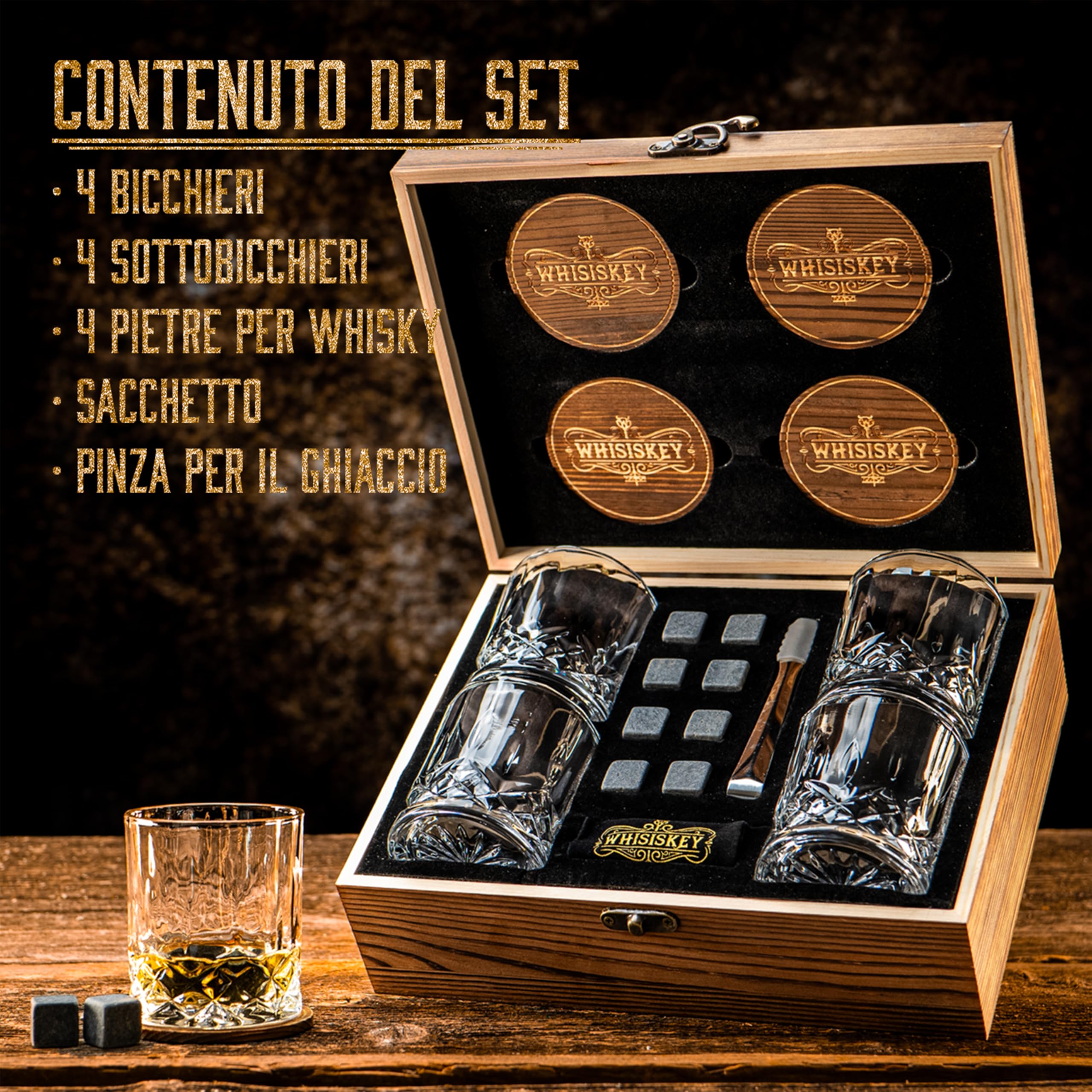 Whisiskey Set di bicchieri da whisky – Set regalo per whisky – bicchieri da whisky – regali per uomini – regalo di compleanno uomo – confezione 4 bicchieri rum, 8 pietre per whisky