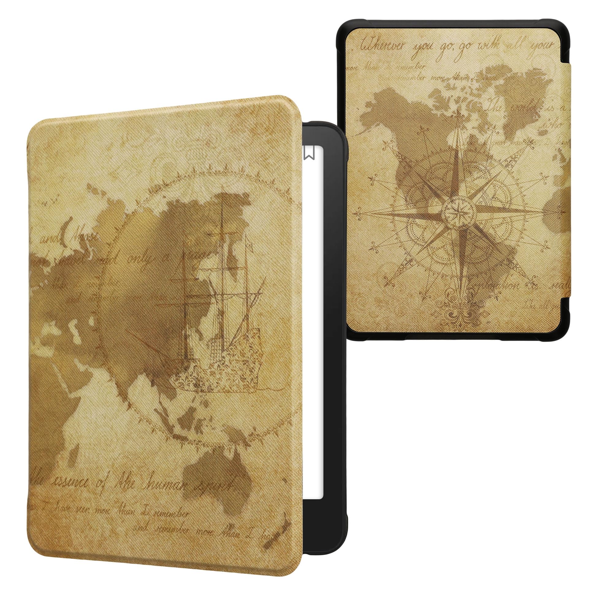 kwmobile Carcasa Compatible con Amazon Kindle Paperwhite (2024)/Colorsoft Funda - Funda con Tapa y Cierre magnético de Cuero sintético - mapamundi Vintage