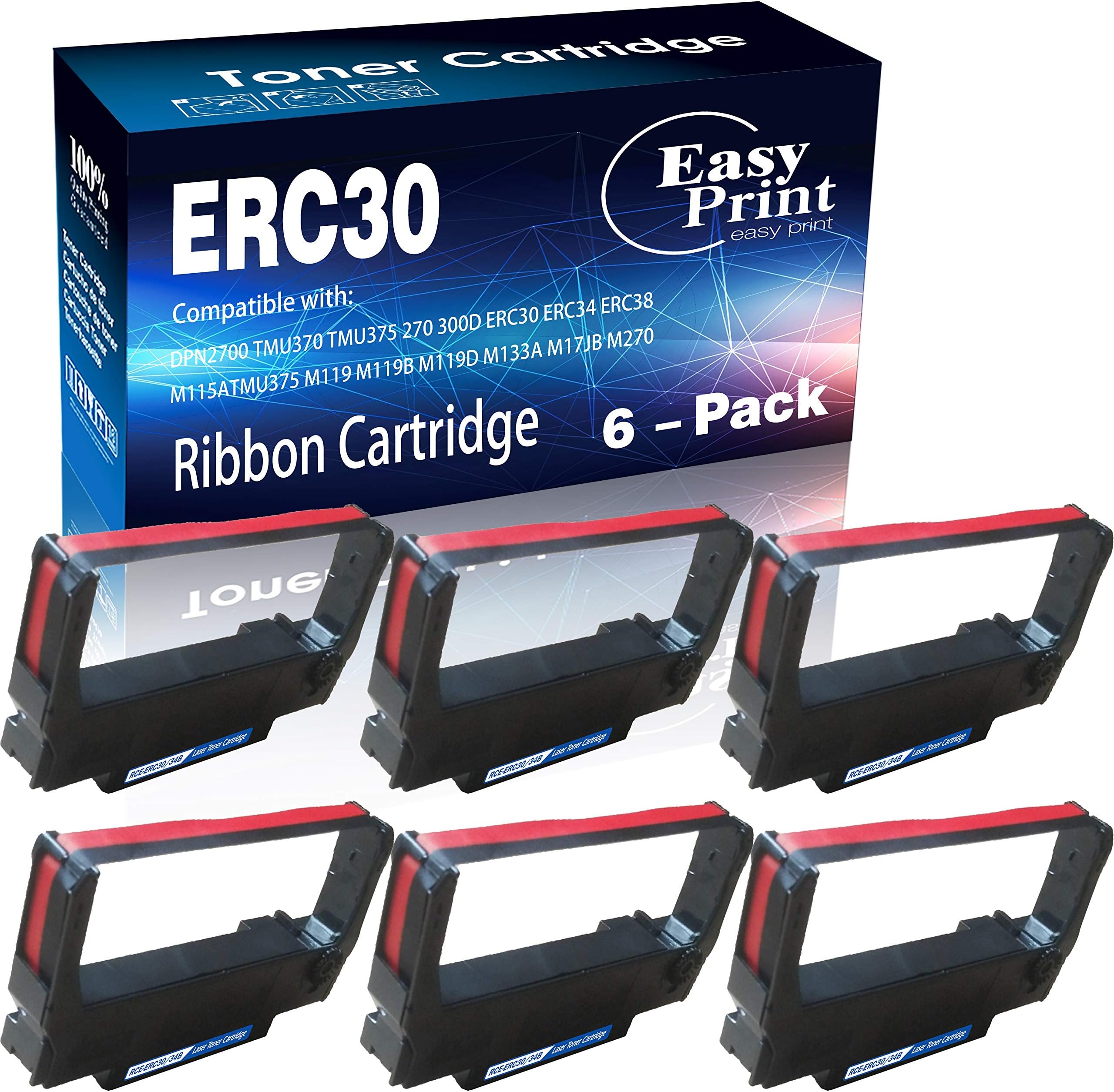 EP 6 Pack ERC-30 ERC 30 34 38 (Black/Red) Compatible with Ribbon Cartridge for use in son M119 M119B M119D M133A M270 M17-JB M52-JB TM-U325 TM-U370 TM-U375, Sold by EasyPrint