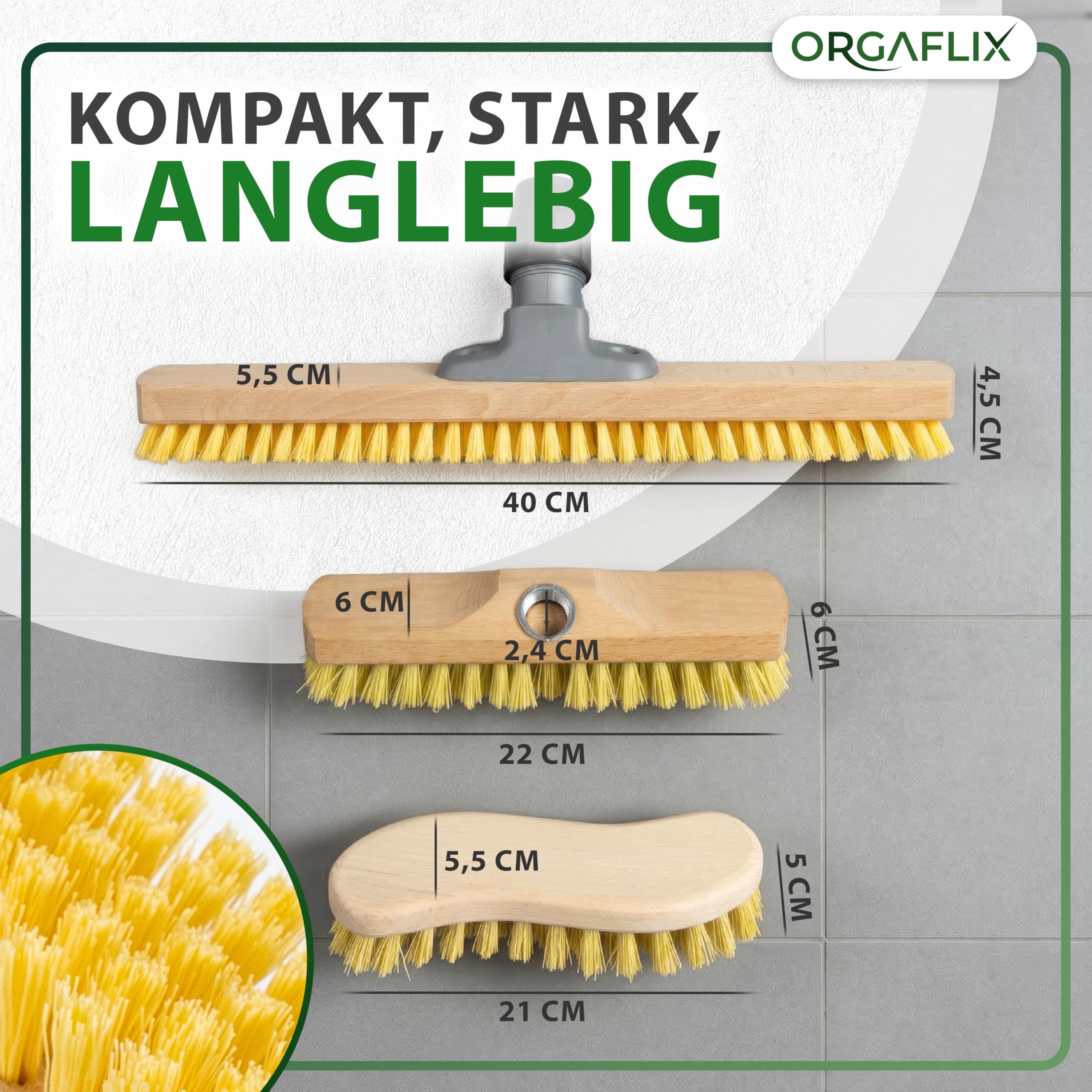 ORGAFLIX Profi Schrubber Set 3-teilig mit Stiel, Bodenschrubber 40 cm, Schrubber 22 cm, Scheuerbürste