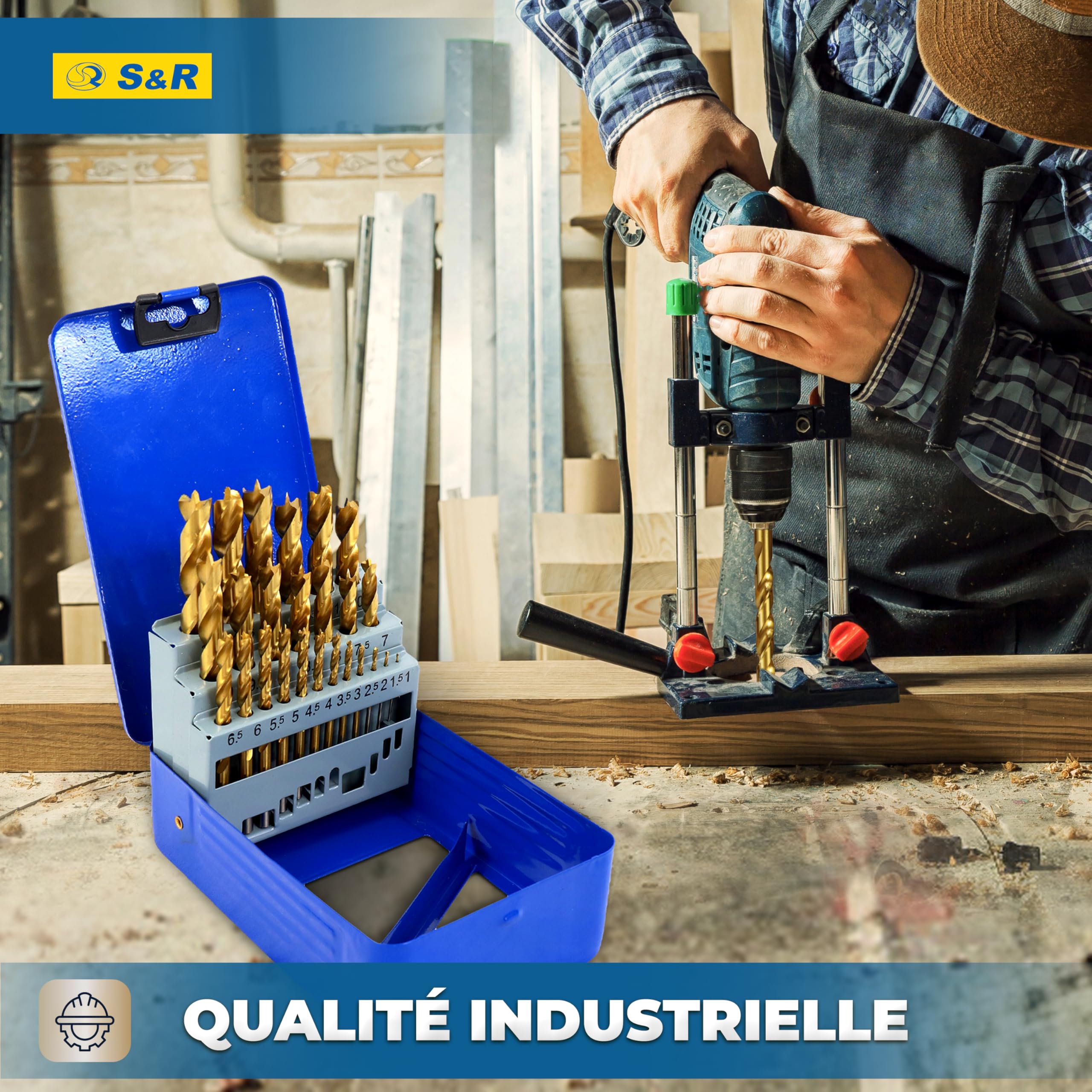 S&R Coffret Forets à Bois Professionnels 25 pcs 1-13mm en acier HSS 4241 revêtu en Titane. Forets pour perceuse à main et à colonne