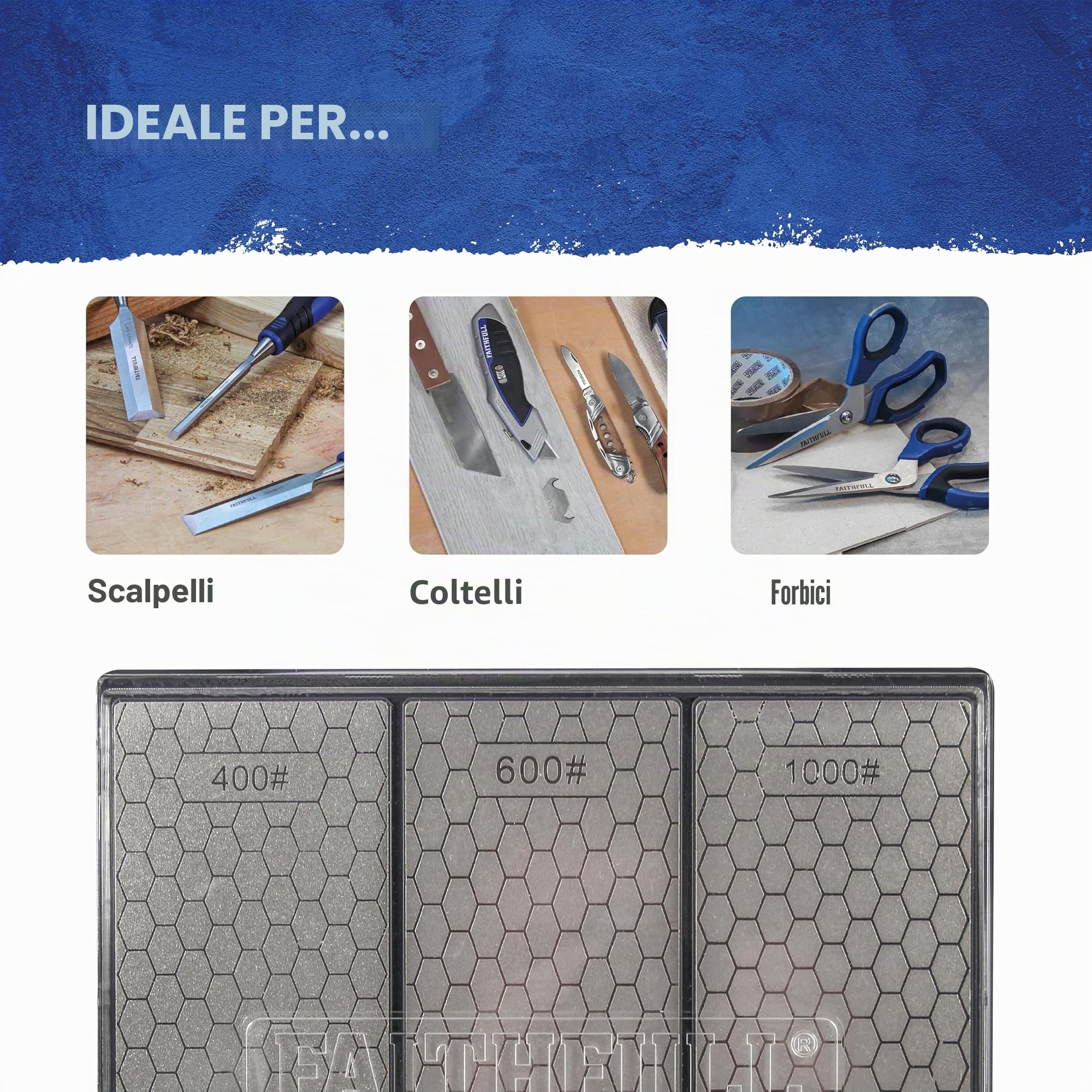Kit di pietre diamantate Faithfull - Sistema di affilatura 3 in 1 con pietre da 400G / 600G / 1000G per coltelli, scalpelli, forbici e utensili da taglio