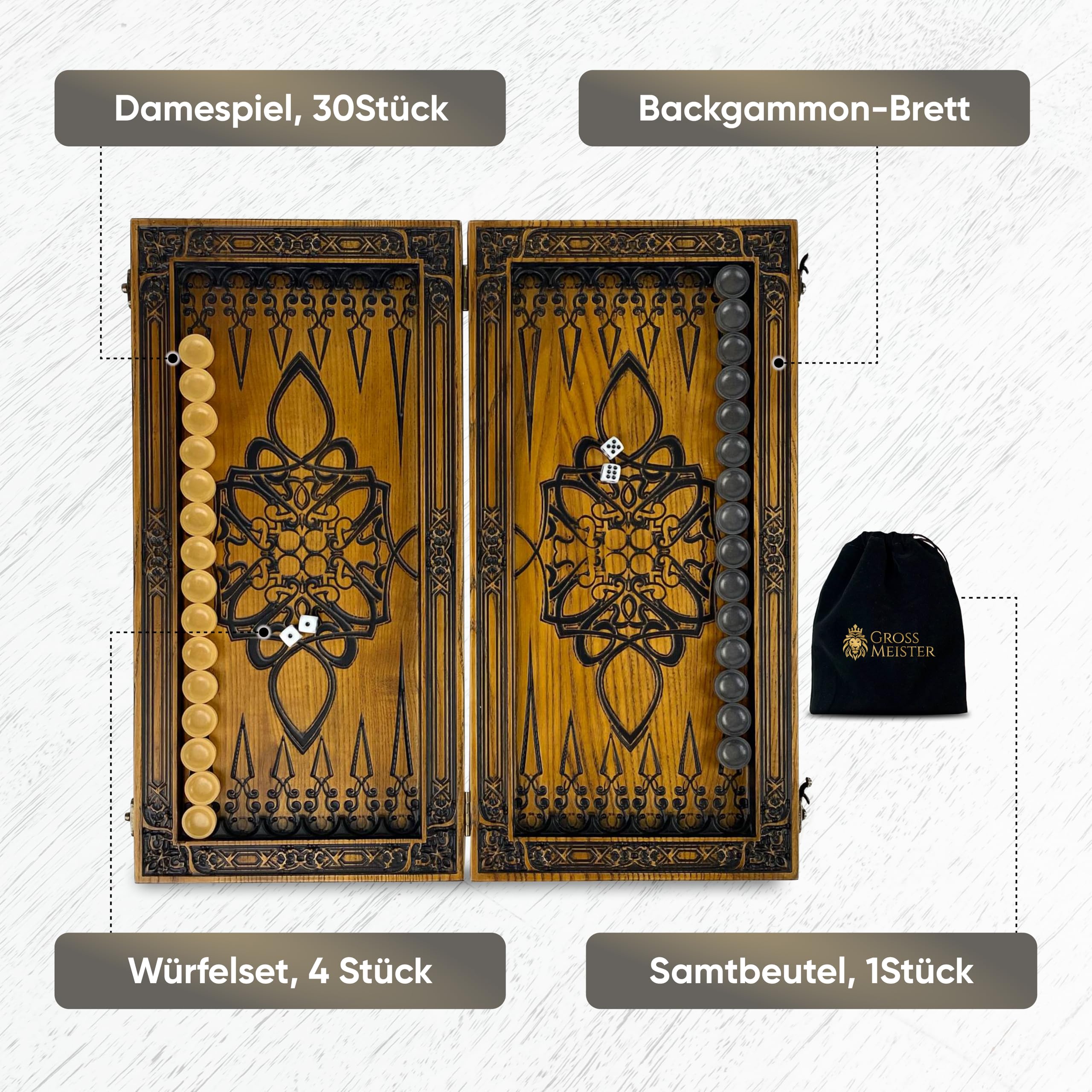 Backgammon aus Eschenholz – Davidstern Gravur – 48×23 cm – Handgefertigtes Set mit Epoxid-Spielsteinen – Geschenkidee für Kenner „Davidstern“ (2 Design)