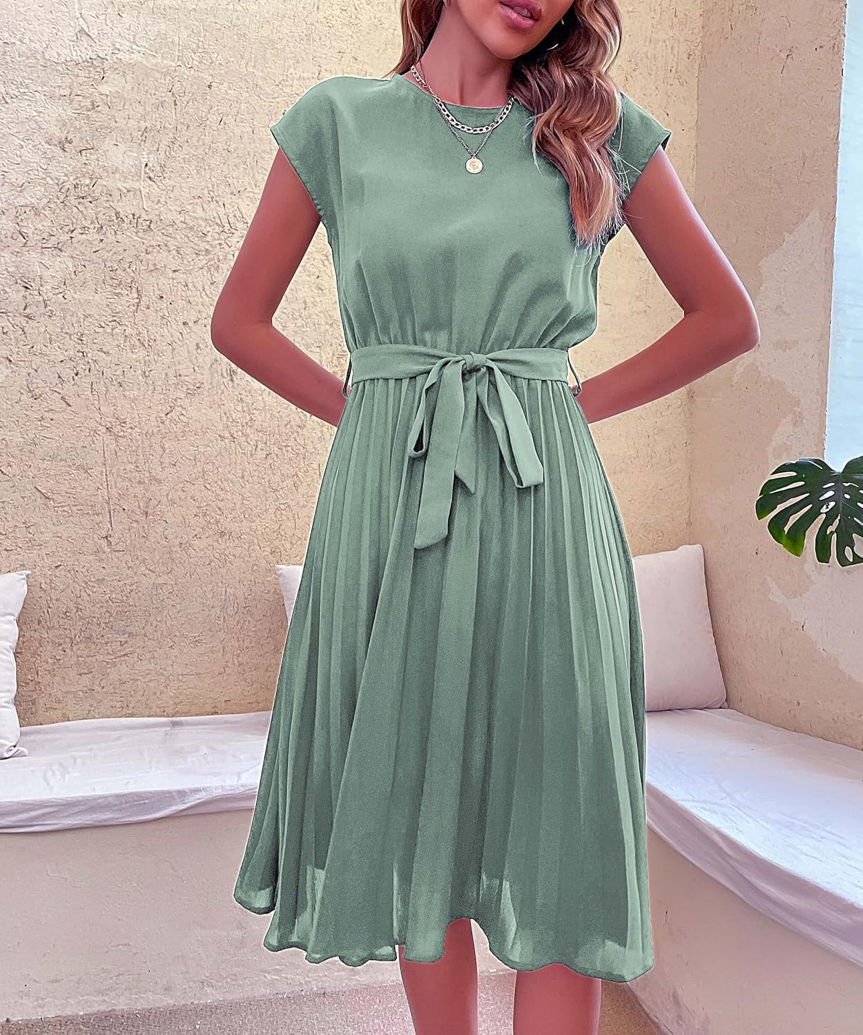 Wellwits Women's Cap Sleeves Pleated 40s 50s Vintage Dress - Image 6