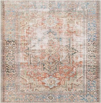Square Rugs,Vintage Oriental Traditional Distressed Farmhouse,Terracotta,80 x 80 cm, small washable Rug for Living Room under Coffee Table Sofa Carpet