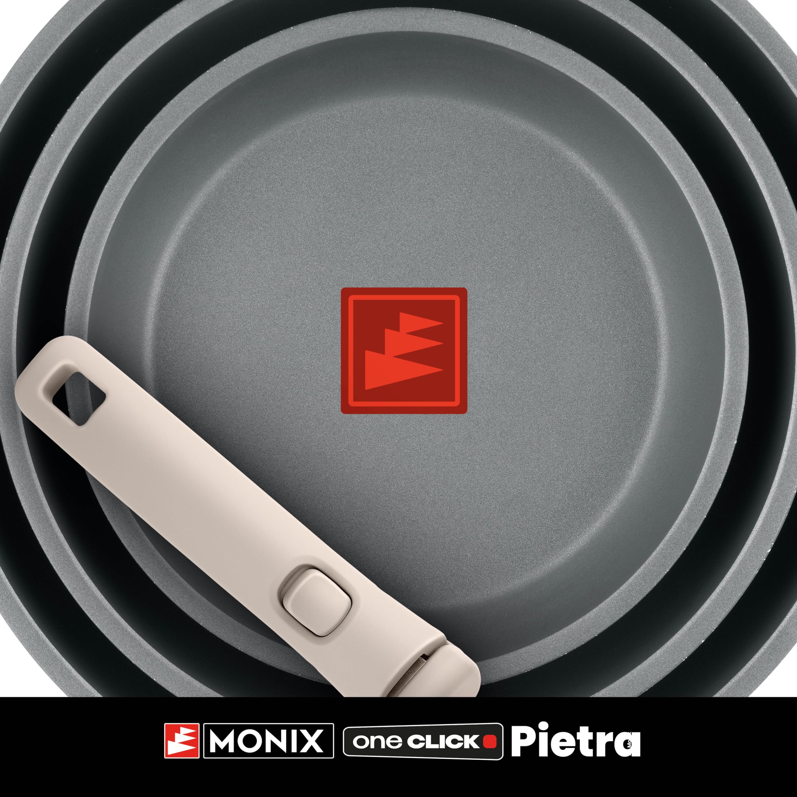 MONIX One Click Pietra | Batería 8 piezas, Aluminio Forjado con Antiadherente, libre de PFOA, Mango Desmontable, Apta para todo tipo de Cocinas, Incluida Inducción, Apilable para ahorro de Espacio