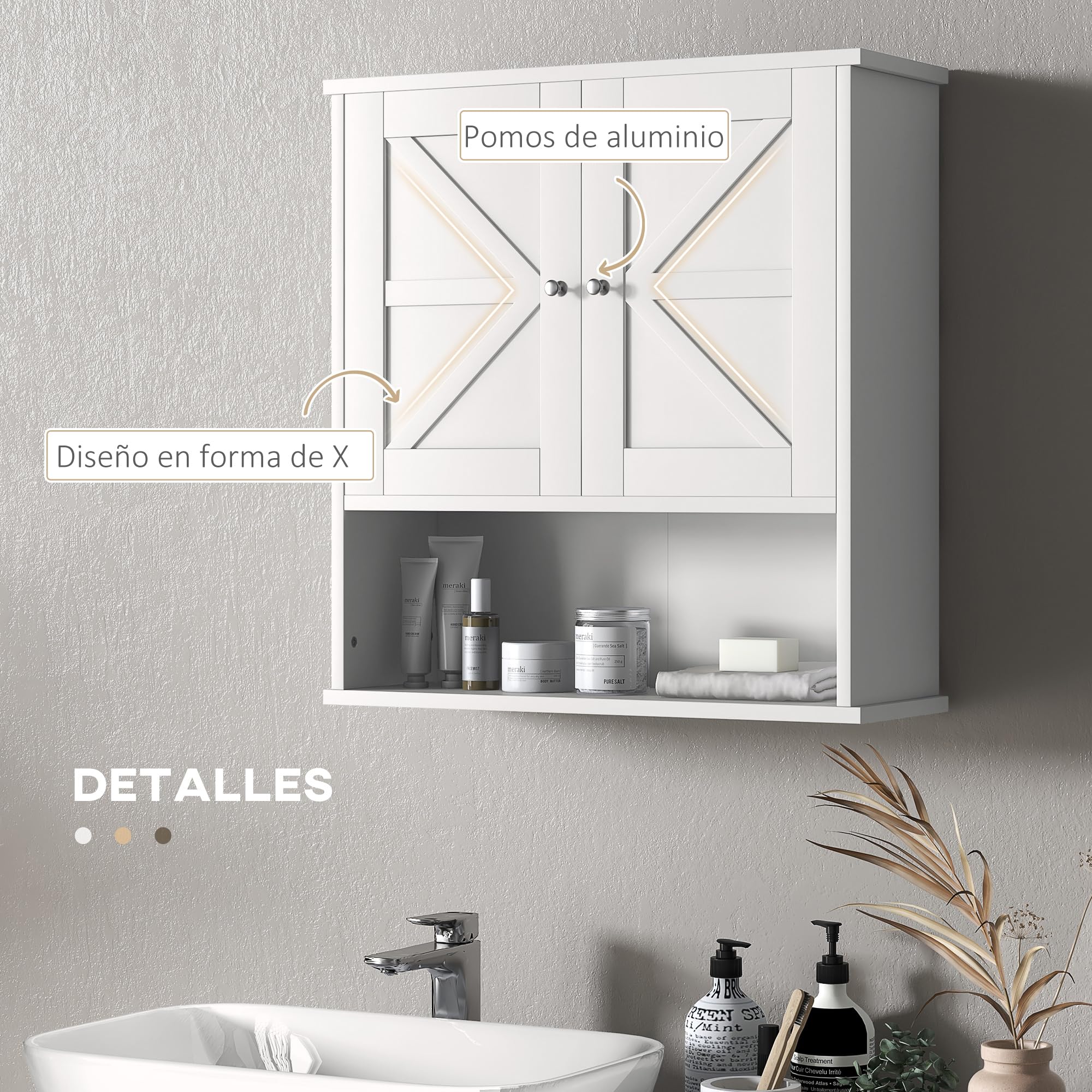 kleankin Armario de Baño de Pared, Mueble de Baño Colgar Rústico con Compartimento, Estante Ajustable, 2 Puertas, para Cocina, Lavadero, sobre el Inodoro, Blanco