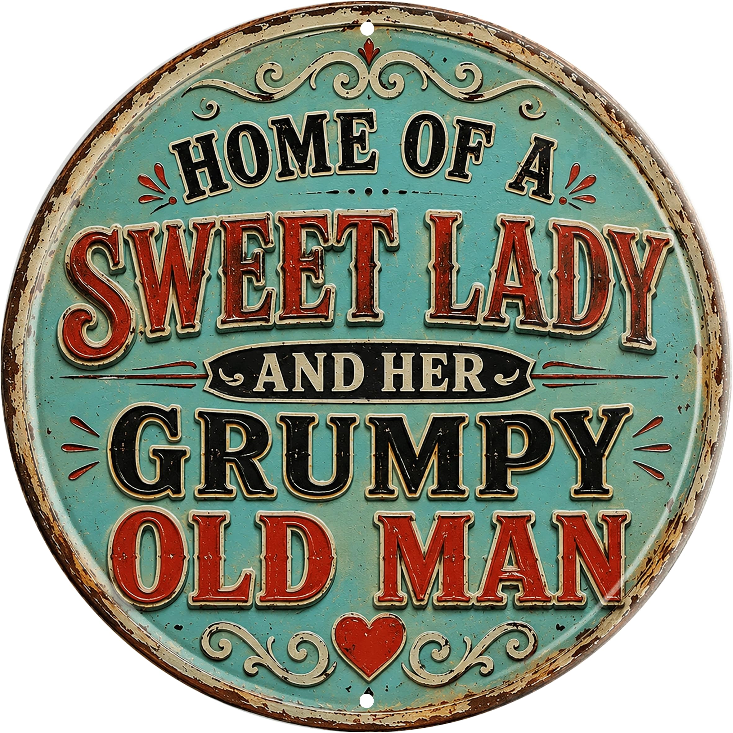 Aimlayton Sweet Lady Grumpy Old Man Metal Sign 8x8in Round Couples Humor Plaque for Porch Wall Decor