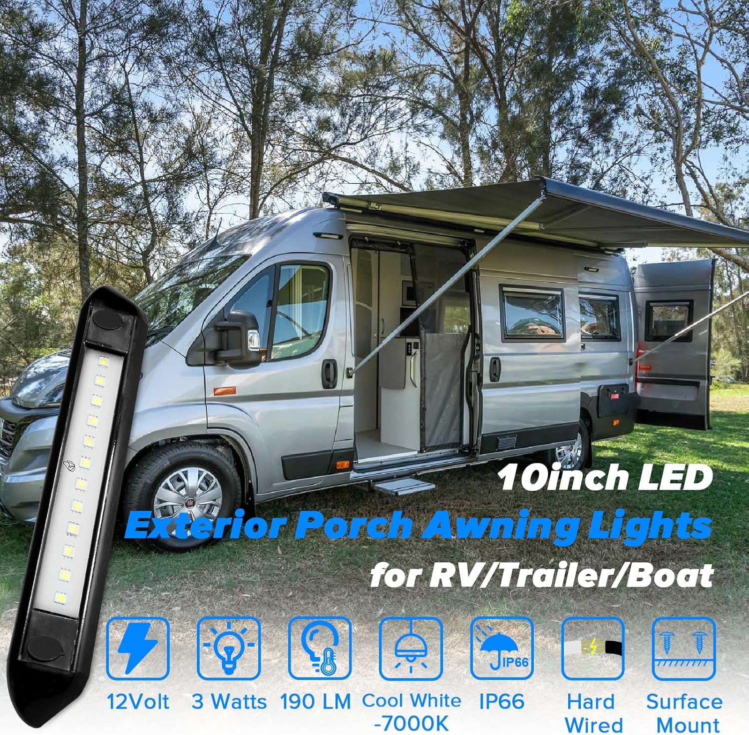 Dream lighting 12V Waterproof Awning Lights RV LED Porch Lights Exterior LED Lights for Trucks, Motor Home, Trailer and Boat, 3 Watts 9.84inch Cool White Lighting, Black Shell, Pack of 2