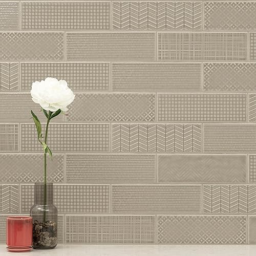 Miniatura 6 de M S International Urbano Warm Concrete 3D Mix - Azulejo de metro de cerámica brillante para baño, cocina, pared decorativa y ducha