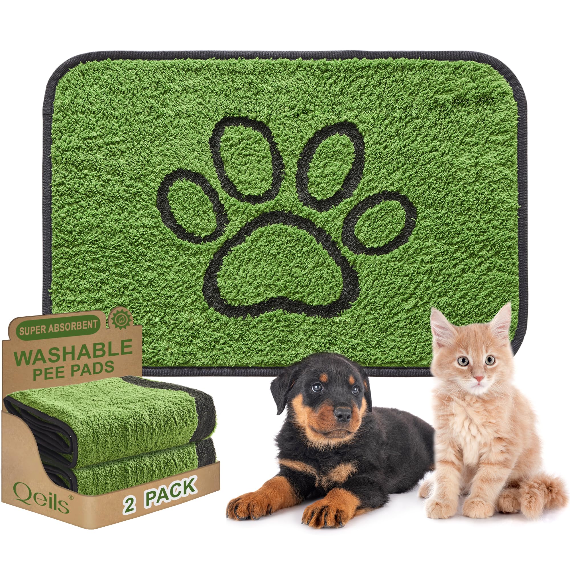 Qeils Almohadillas lavables para orina para perros, paquete de 2 almohadillas para cachorros súper absorbentes reutilizables con lana larga verde para entrenamiento de orinal, suelo, sofá, cama y