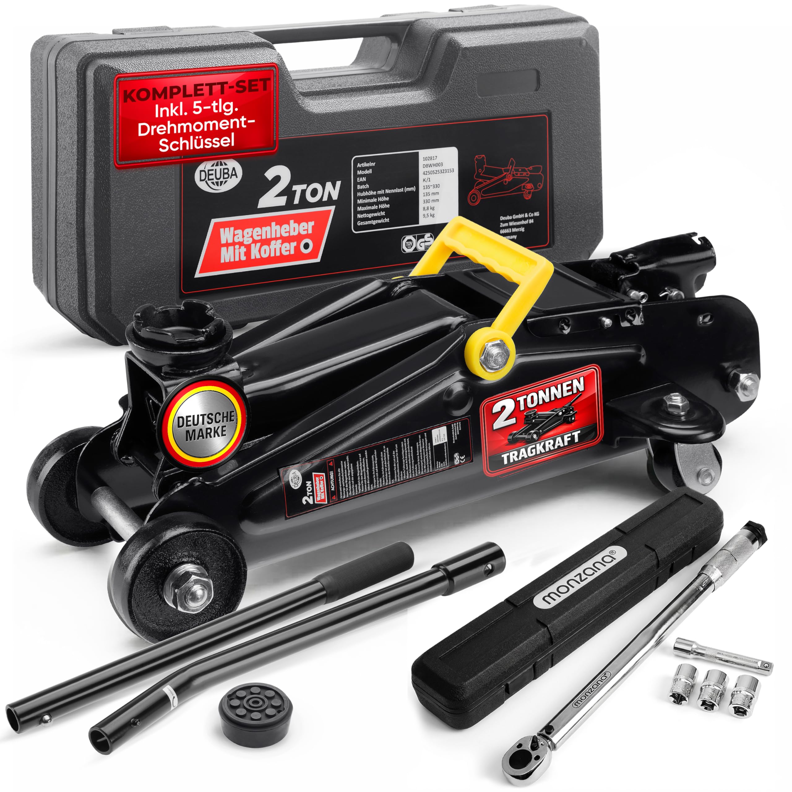 Deuba Hydraulic Jack for Cars 2T Lifting Range 135-330mm Set Torque Wrench 1/2' 40-210Nm 6 Pcs