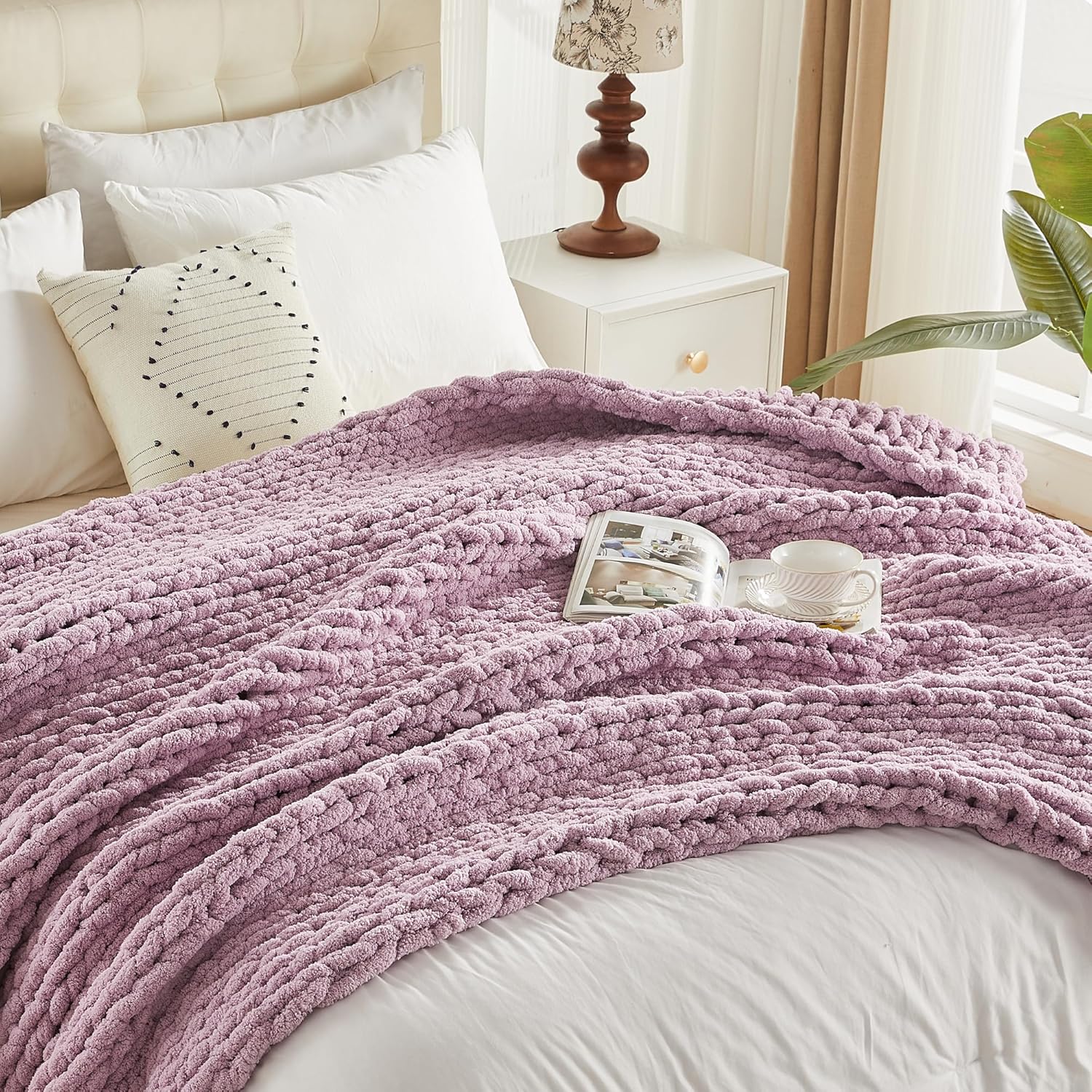 Carriediosa Chunky Knit Throw Blanket 50" X 60", 100% Hand Made Large Chenille Loop Yarn Soft Fluffy Throws for Couch Sofa Bed, Big Crochet Cozy Heavy Thick Cable Woven Blankets, Purple - Image 9