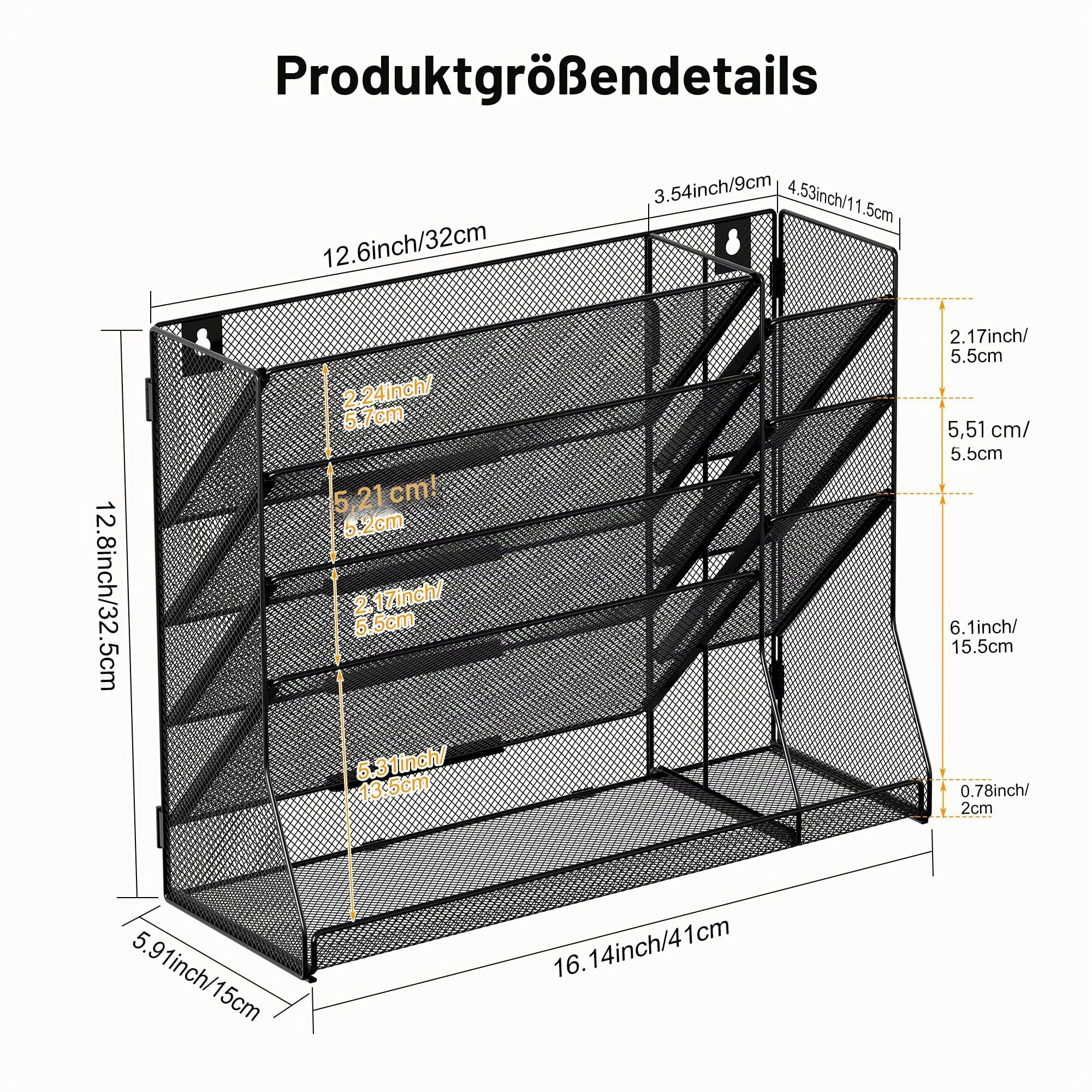 TQVAI 5 Fächer Metall Zeitschriftenhalter Wand Dokumenten Organizer mit 3 Stiftehalter A4 Papier Flyerhalter Postsortierer Dokumentenablage für Büro Zuhause Schule, Schwarz