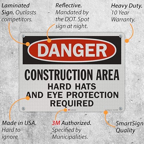 Miniatura 2 de SmartSign Letrero "Peligro - Área de construcción, requiere cascos duros"  18 x 24 pulgadas 3M de aluminio reflectante de grado de alta intensidad