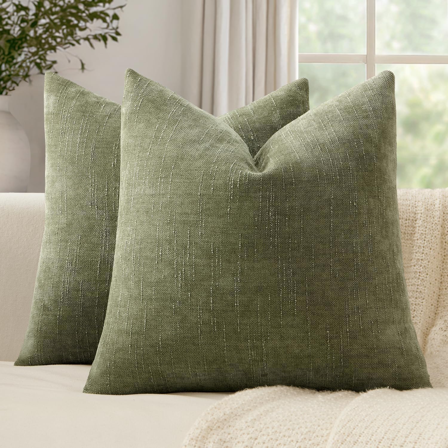 Woaboy Set of 2 Textured Throw Pillow Covers Decorative Soft Accent Square Chenille Pillowcases Neutral Farmhouse Cushions Modern Home Decor for Couch Sofa Bedroom Living Room 18x18 Inch, Sage Geen 18" x 18" (Pack of 2) Sage Geen
