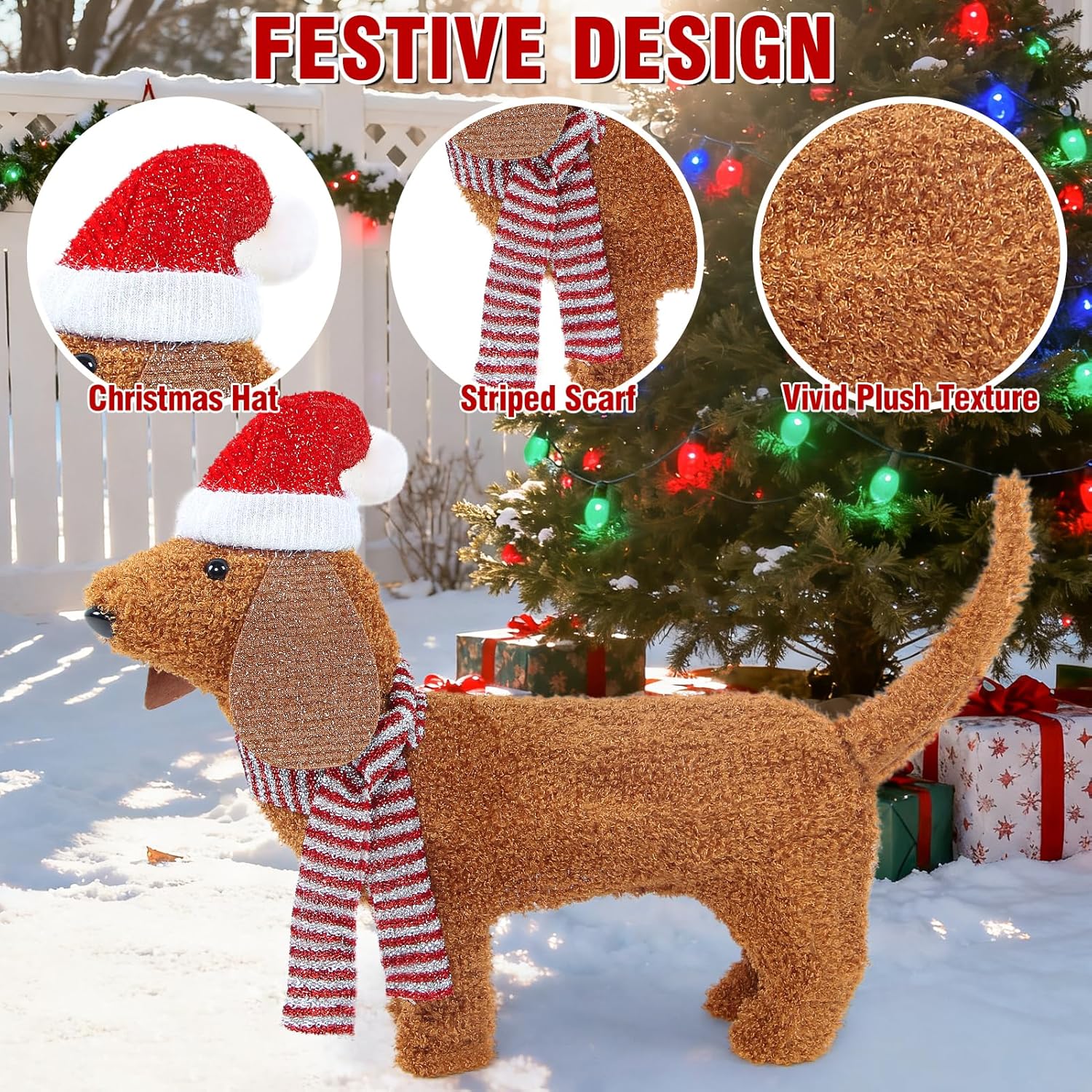 Christmas Lighted Dog Outdoor Decoration, 2.3 FT Pre-lit 3D Plush Tinsel Dachshund Wiener Dog Decor with Santa Hat & Scarf, 45 LED Lights Light Up Xmas Eve Displays for Holiday Indoor Lawn Garden Yard