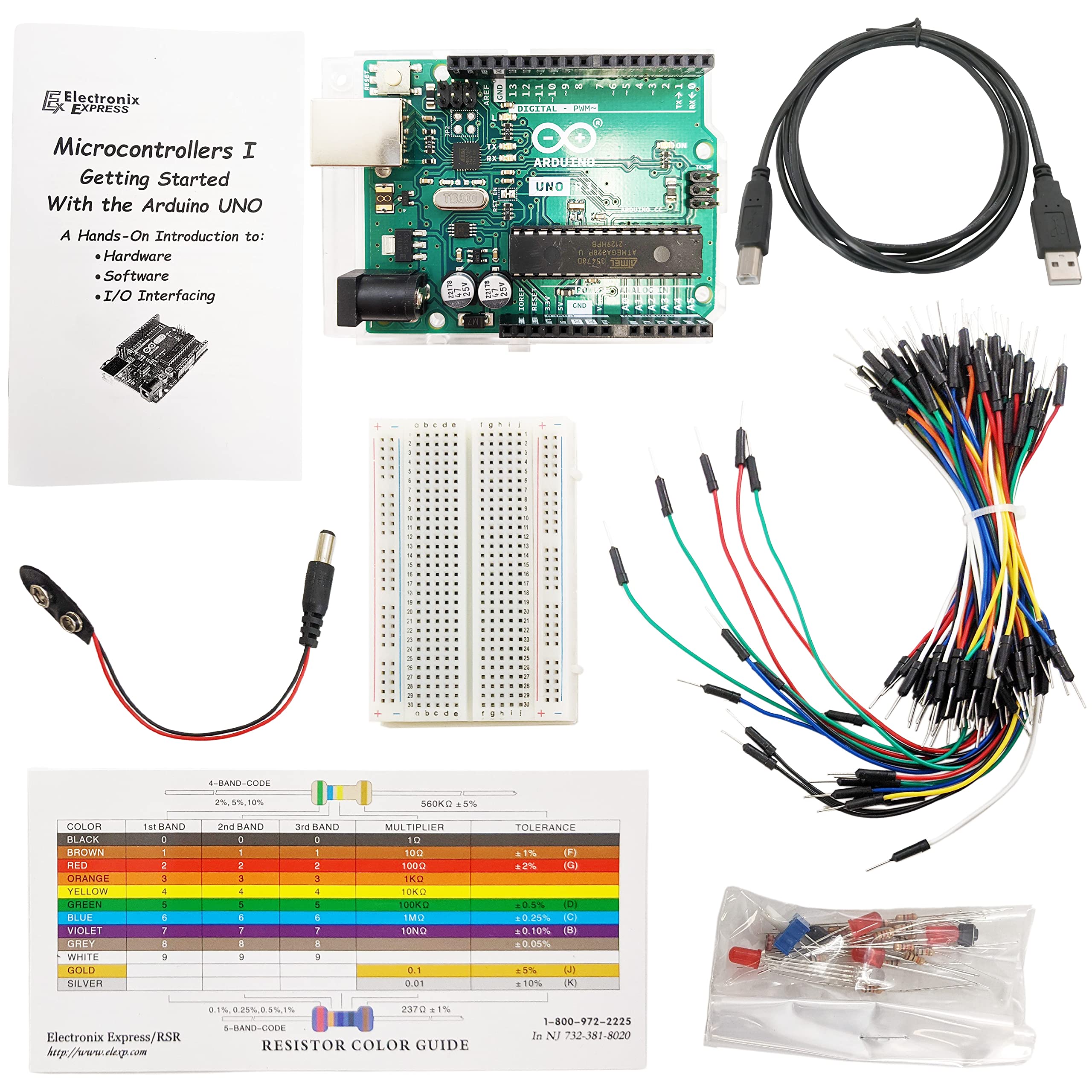 Electronix Express Basic Arduino UNO Kit - Learn Prototyping Electronic Projects - Includes Arduino UNO R3 Board, Solderless Breadboard, Jumper Wires, Battery Snap, USB Cable, Components, Lab Manual