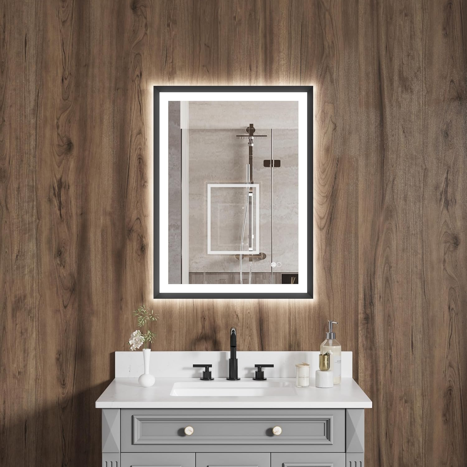 WELLFOR Backlit and Front Lighted Bathroom Mirror, Vanity Mirror for Bathroom, Wall LED Framed Bathroom Vanity Mirror includes Dimmer Defogger, Vertical/Horizontal Mounted, Matte Black (24"x32")