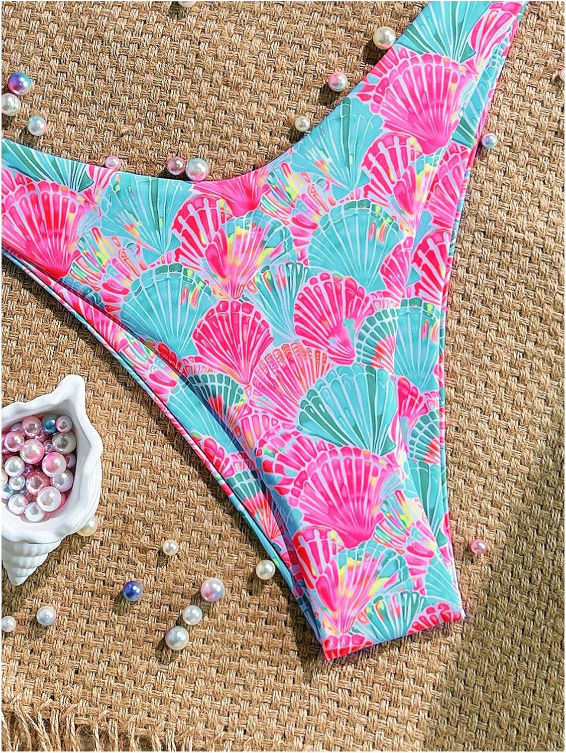 BEAUDRM Women's 2 Piece Bikini Set Shell Triangle Thong Bikini Boho Seashell High Waisted Bathing Suit String Halter Swimsuit