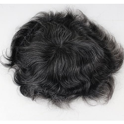 Miniatura 6 de Dreambeauty Toupee para hombre 10 × 8 "cabello humano 1B mezcla 20% pelo sintético gris piel fina postizo sistema de reemplazo de pelo base de red