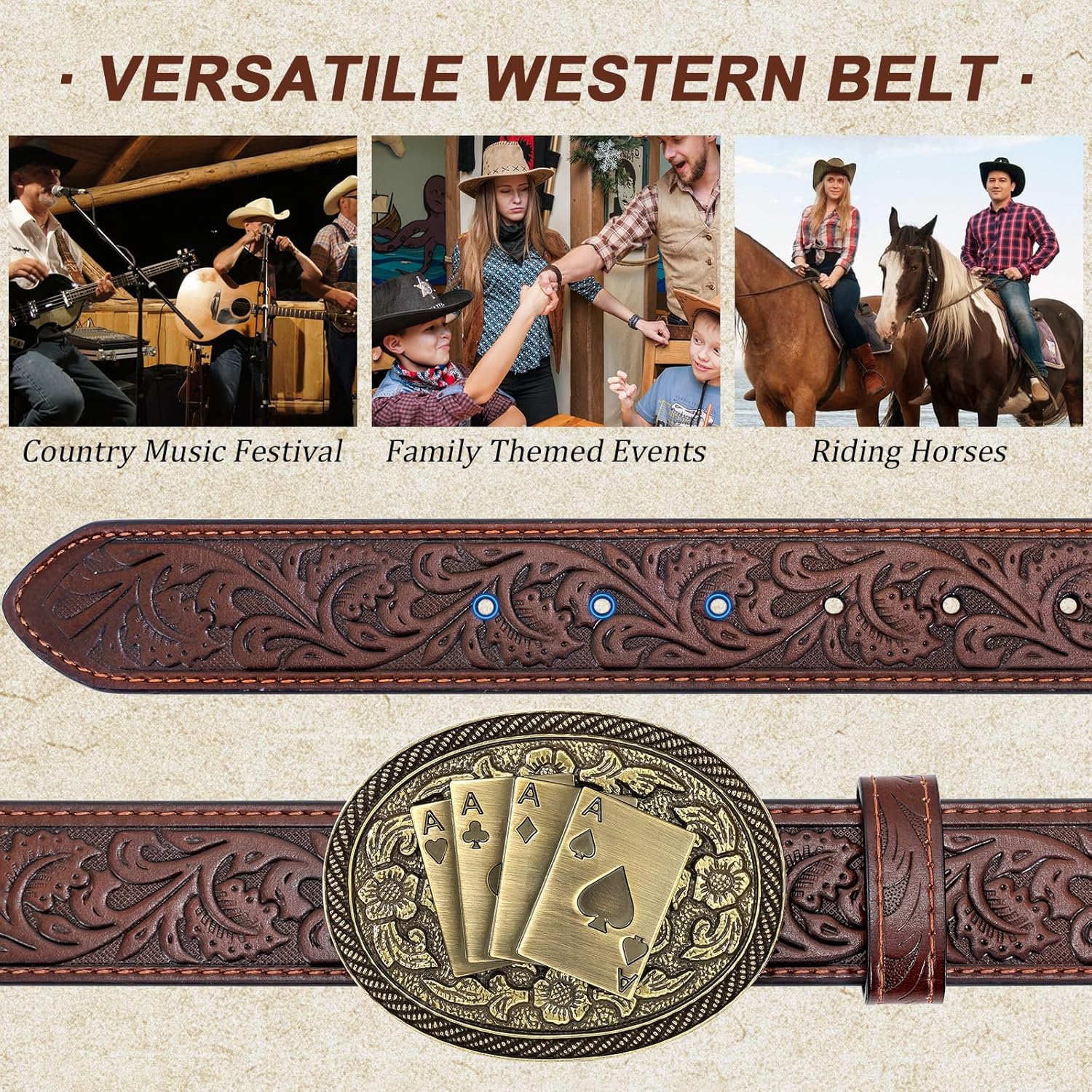 SANSTHS Cowboy Belts for Men Women - Western Cowboy Belt and Buckle, Cowgirl Leather Belts Big Buckles, Brown Black 1.5" - Image 4