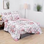 Lasoftan Set de confort de la Reine Florale avec draps, 7 pièce Literie vintage de luxe, Lit en microfibre douce dans un sac, Ensemble de lit léger Cozy, Feuille grise rose fleur