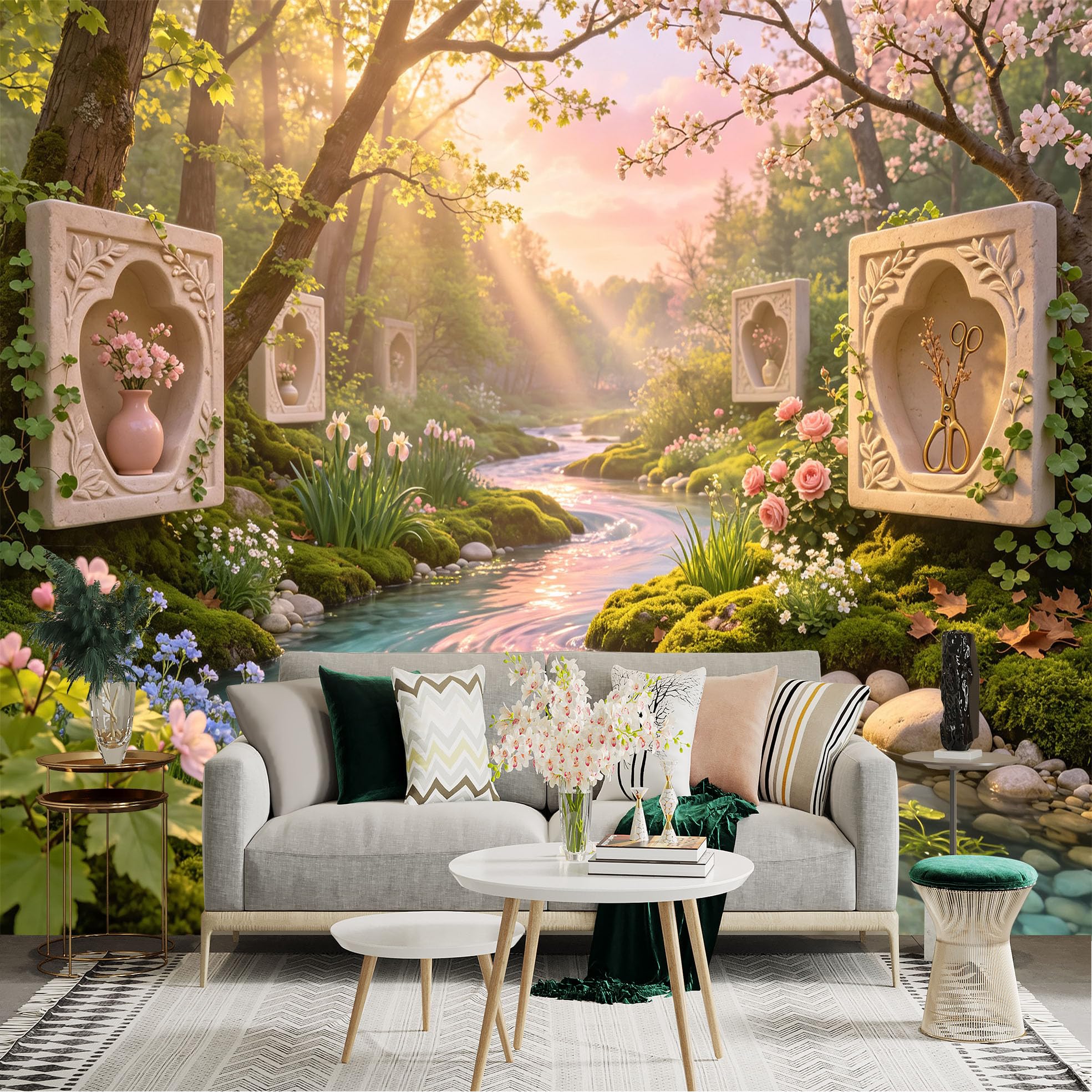 Lnzczhyre Bh260719189 Custom Size Wall Sticker Mural， Enchanted Forest With Flowing River， Mossy Riverbanks， Soft Pink Blossoms， Serene Garden Landscape， For Wall Decoration， Peelandstick Wall Decals.