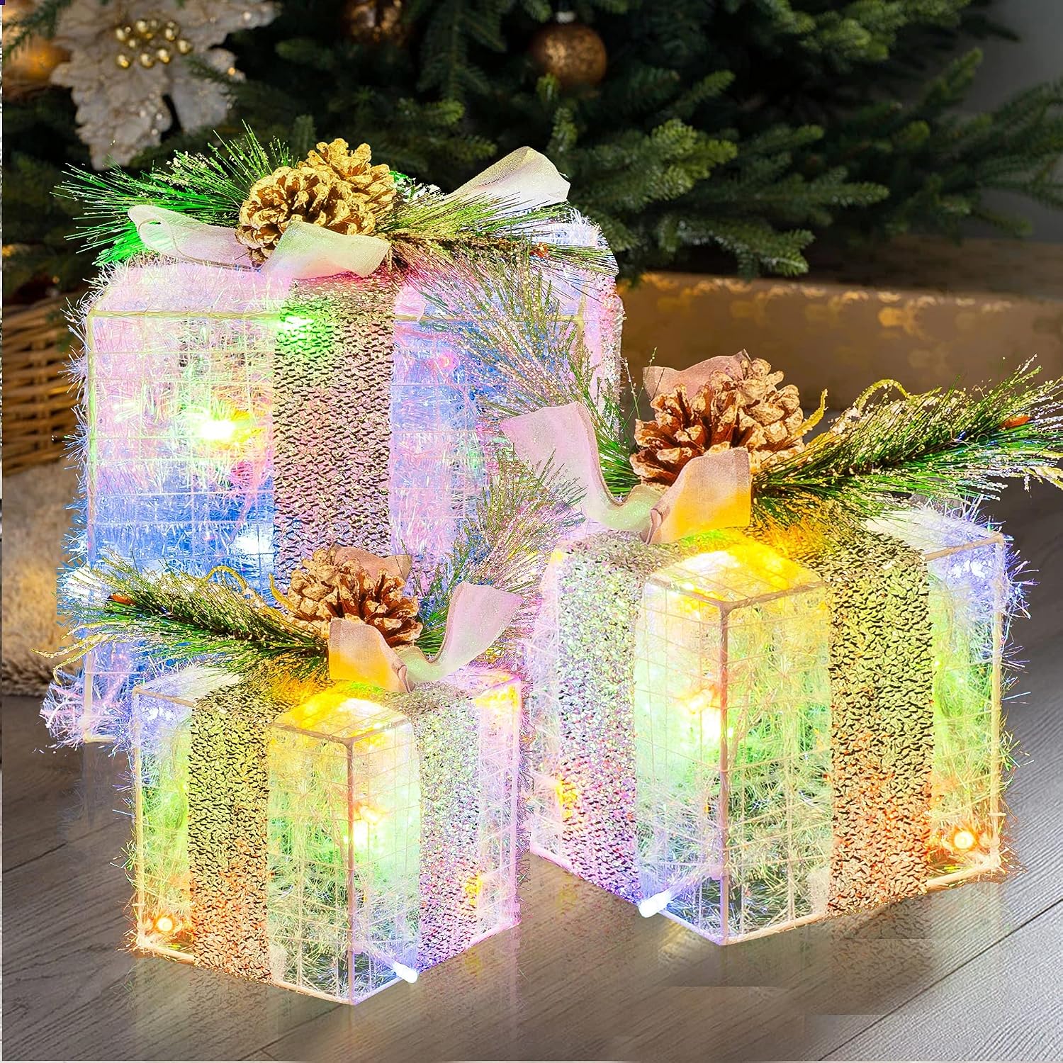 FUNPENY Set of 3 Christmas Lighted Gift Boxes, Plug in 60 LED Light Up Tinsel Present Box Decorations for Outdoor Indoor Christmas Tree, Yard, Home Decor (Max. Size 7.5 x 7.5 x7.1 Inch) (Multicolor)
