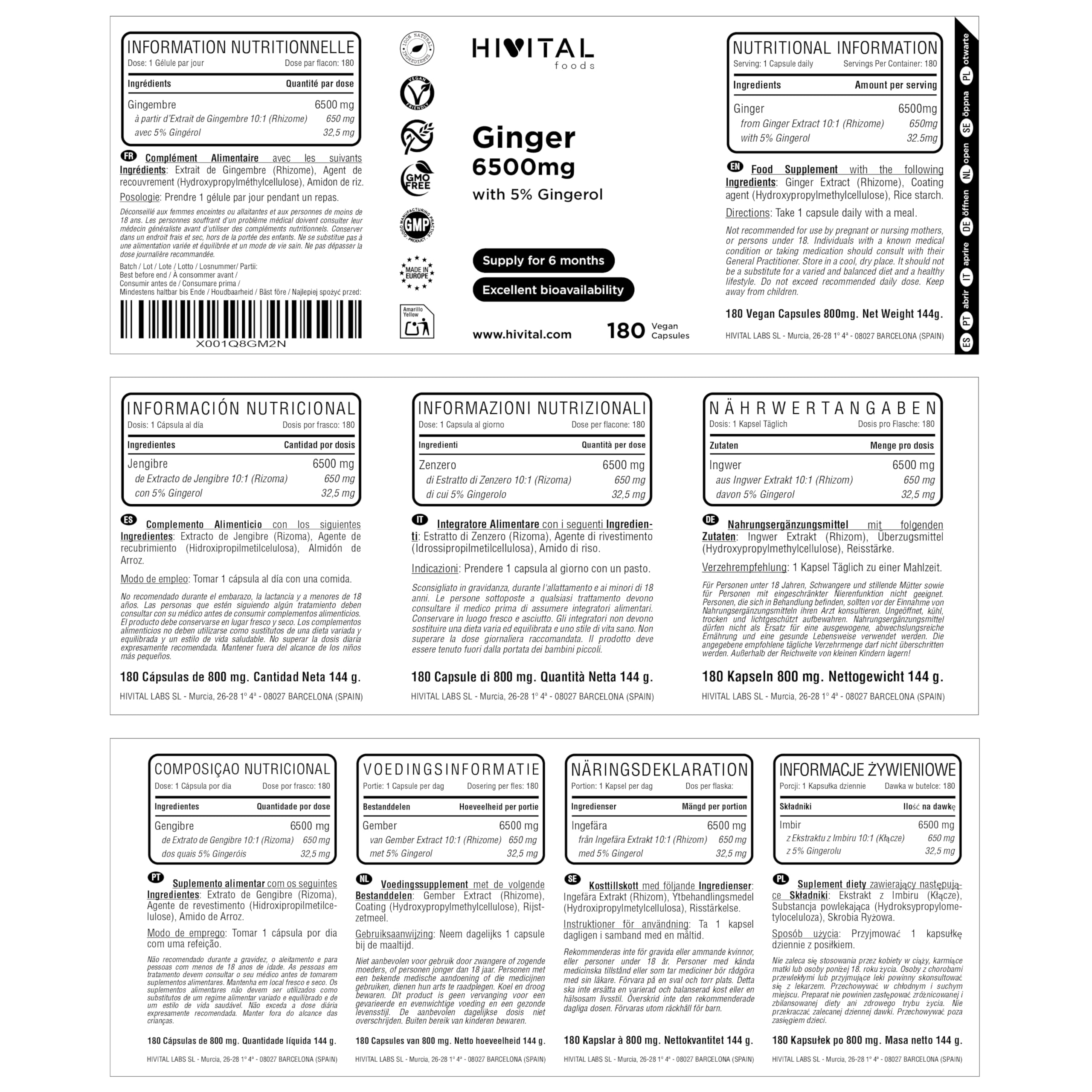 Gingembre 6500 mg. 180 gélules végétaliennes pour 6 mois de traitement. Extrait Naturel avec 5% de Gingérols apportant 32,5 mg par gélule. Fabriqué en Europe par HIVITAL