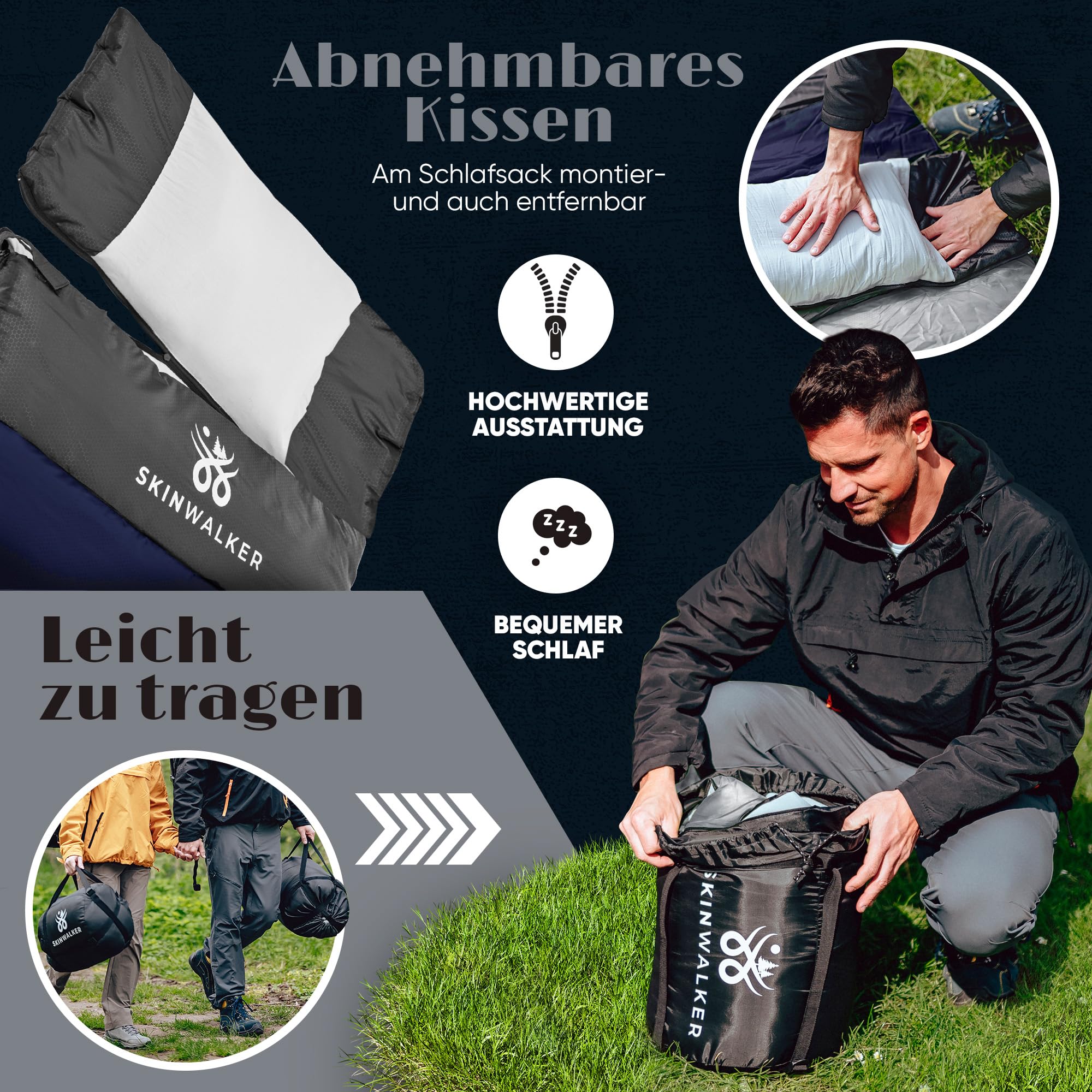 SkinWalker Schlafsack [Kleine Größe bis 1,70m Körpergröße] 3-4 Jahreszeiten mit abnehmbaren Fleece + Kopfkissen [-15°C bis +20°C] Deckenschlafsack Schlafsack Camping, Sleeping Bag Jugendliche
