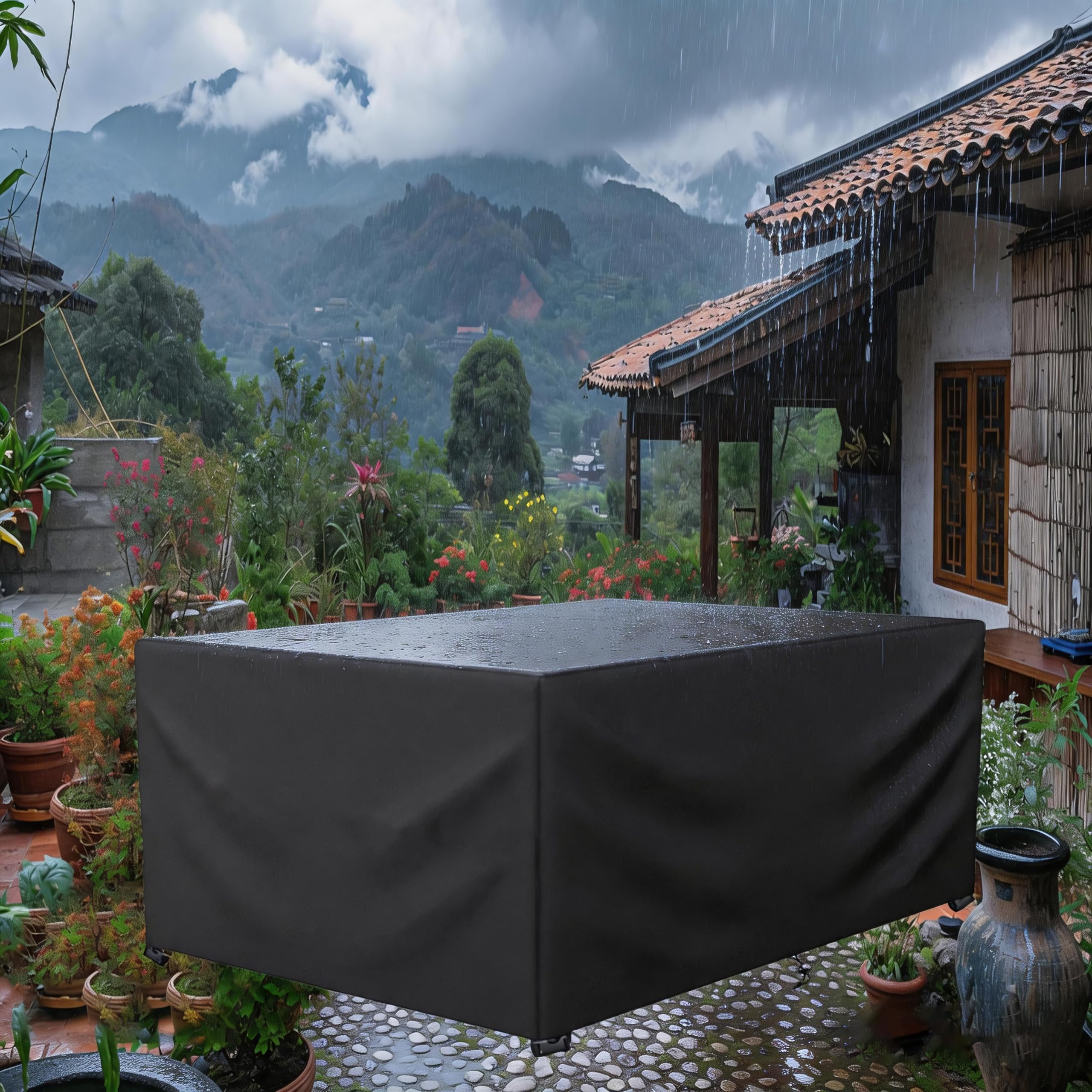 UFGFYTT Waterproof Patio Furniture Covers, 180x115x100cm/LxWxH 420D Oxford Garden Table Sofa Protector Rectangular, Windproof Anti-UV Outdoor Set with Buckles, Black