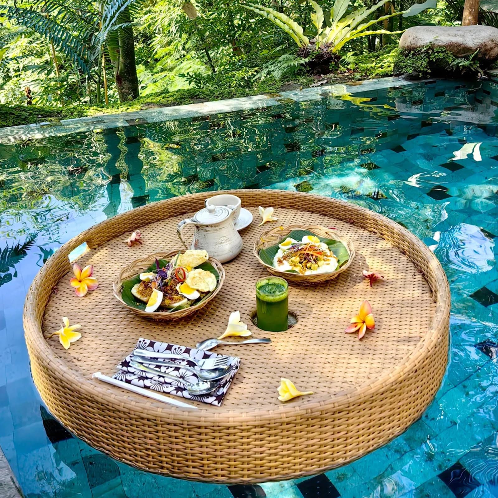 Bandejas Flotantes para Servir De 32 Pulgadas O 24 Pulgadas, para Mesa De Bar, Bandeja Redonda De RatáN para Comida, Bandeja Flotante para Servir Bebidas En La Piscina, Brunch,Apricot-80cm