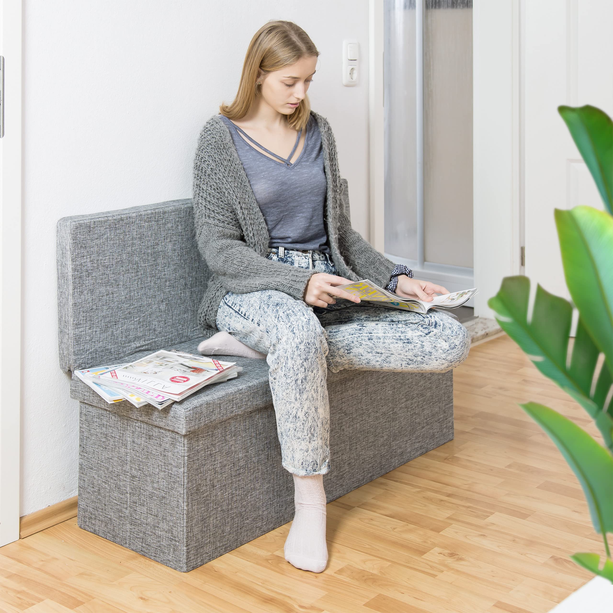 Relaxdays Panca Pieghevole con Schienale, Coperchio, Contenitore, Imbottita, Lino, Marrone, HxLxP: 73 x 114 x 38 cm