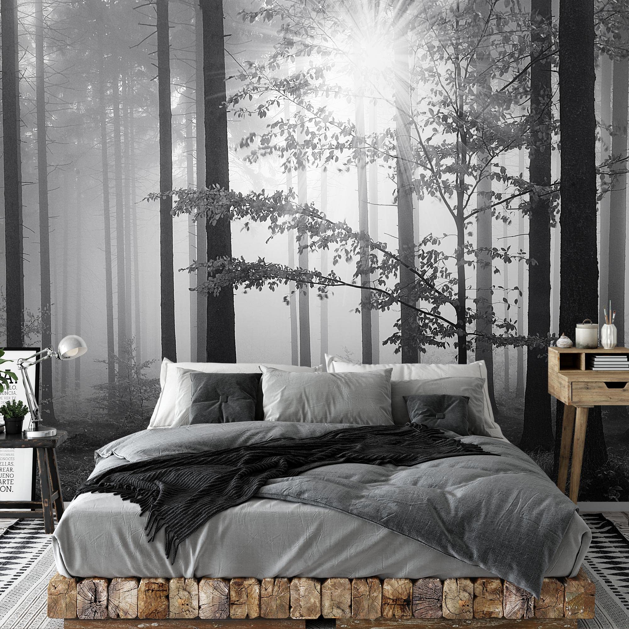 Runa Art Papier peint intissé Forêt dans le brouillard 352 x 250 cm Toison Mur XXL Tableaux Muraux Tapisserie Photo Décoration Murale Salon Chambre Noir Blanc 9241011a