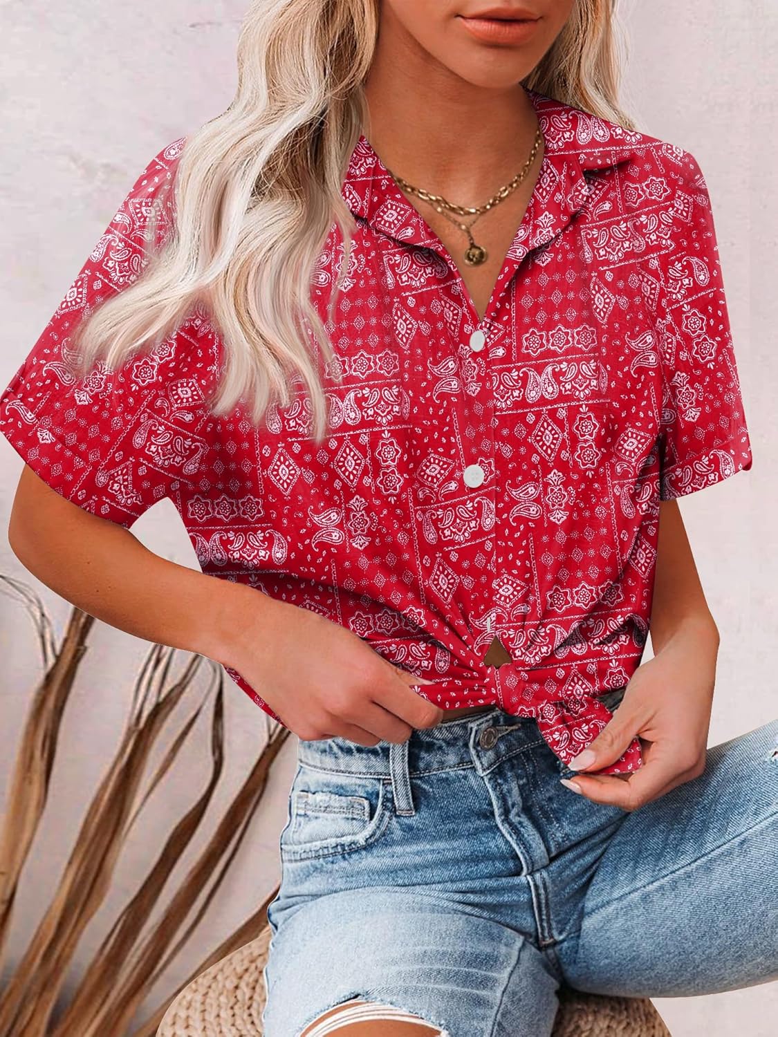 Hotouch Linen Button Down Shirt Women Roll-Up Cuffed Short Sleeve Blouses V Neck Collared Shirts Summer Beach Cotton Tops - Image 3
